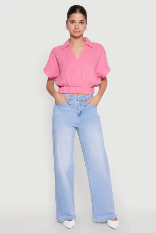 Faux Wrap Cropped Elastic Hem Blouse sold by Rainbow