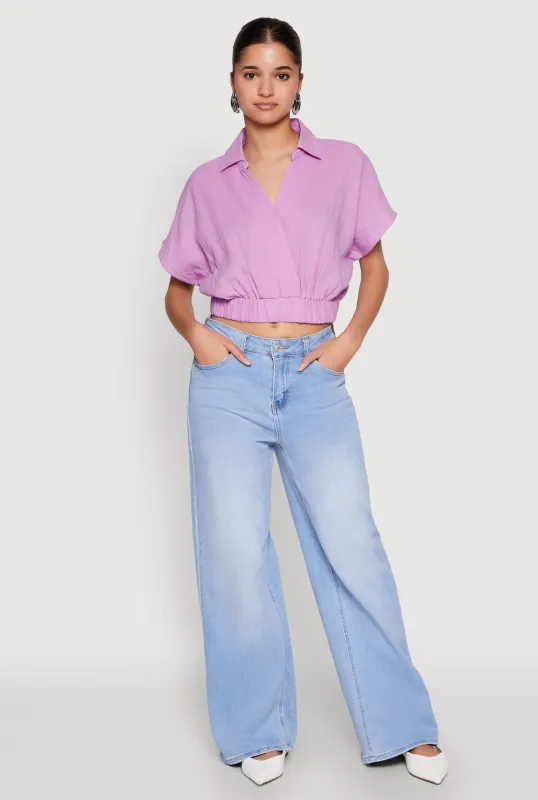 Faux Wrap Cropped Elastic Hem Blouse sold by Rainbow