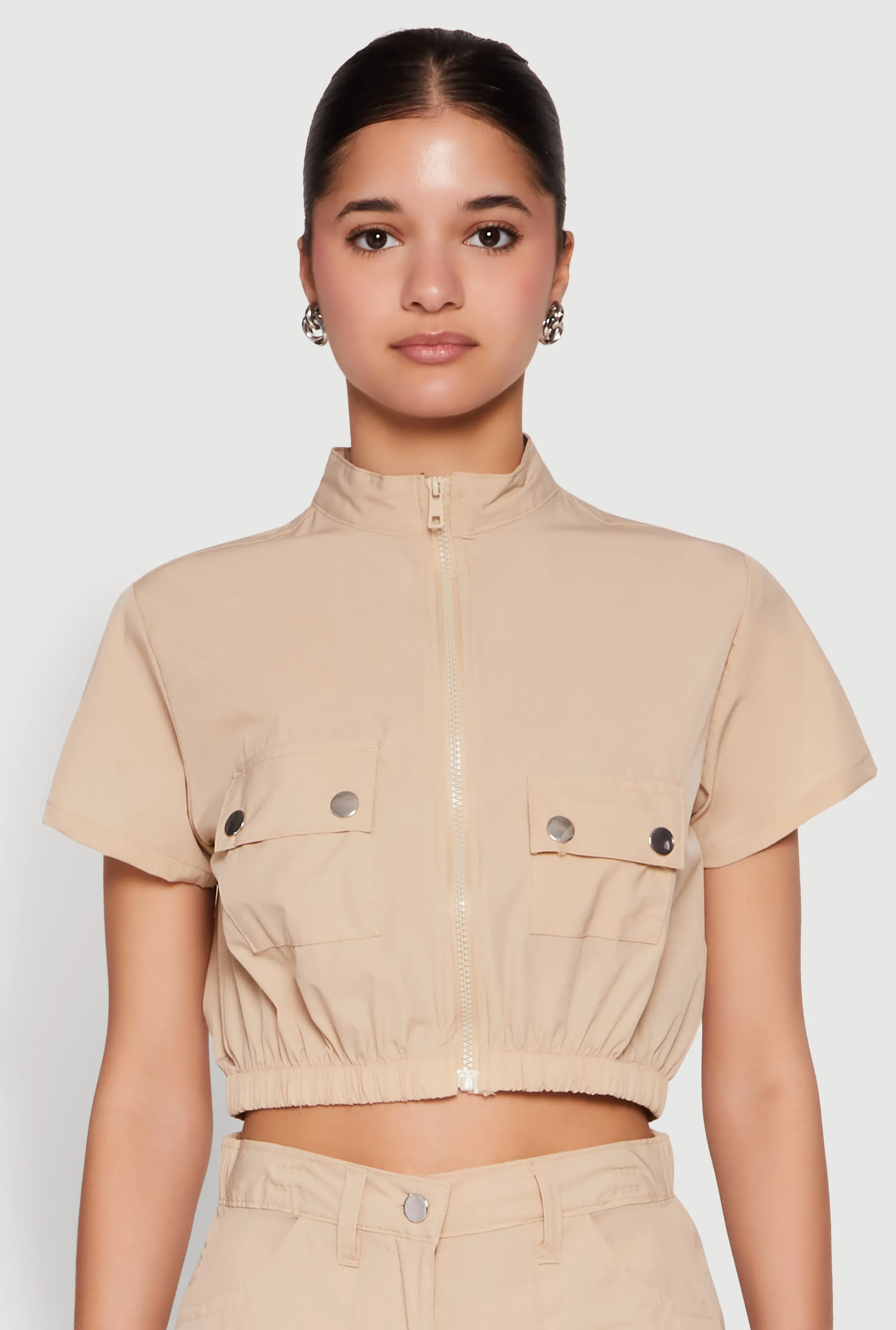 Mock Neck Cargo Pocket Crop Top sold by Rainbow