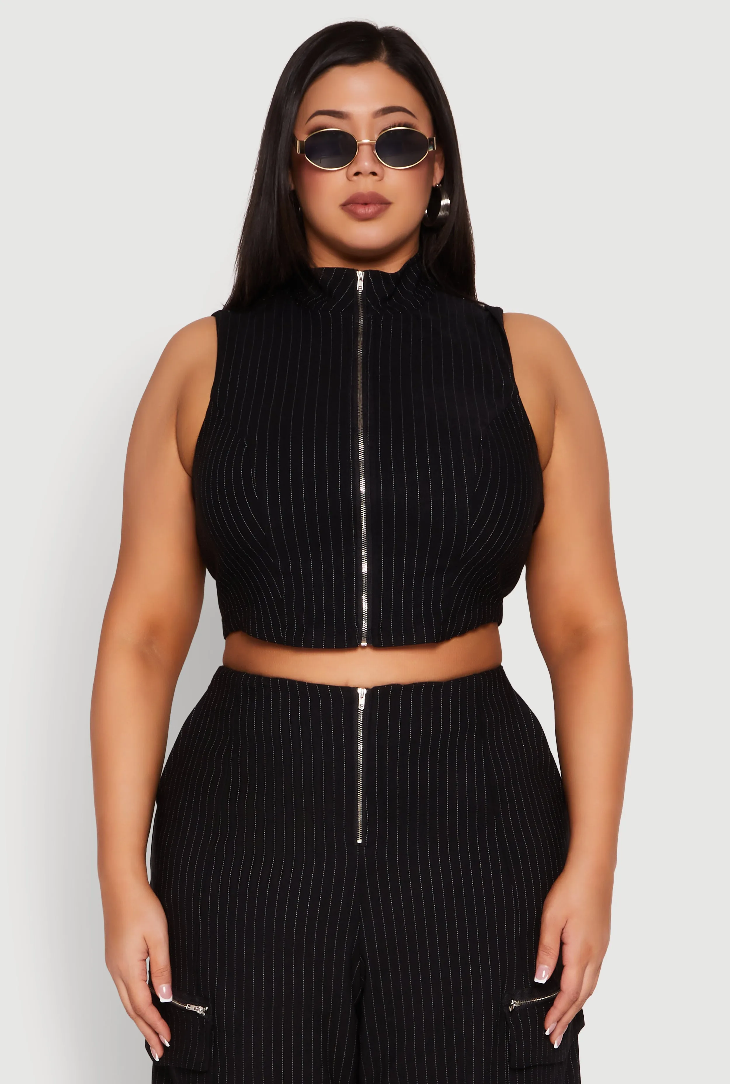 Plus Size Pinstripe Zip Front Crop Top sold by Rainbow