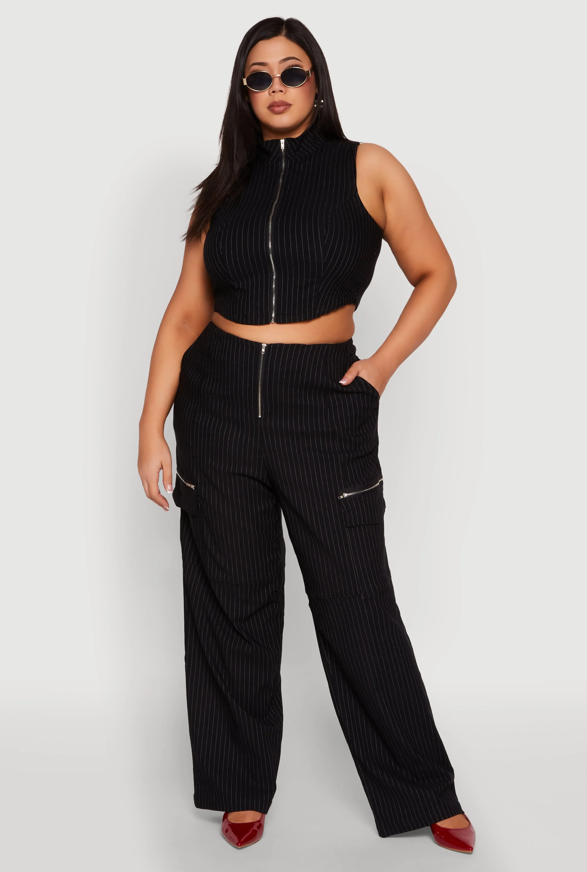 Plus Size Pinstripe Zip Cargo Dress Pants sold by Rainbow