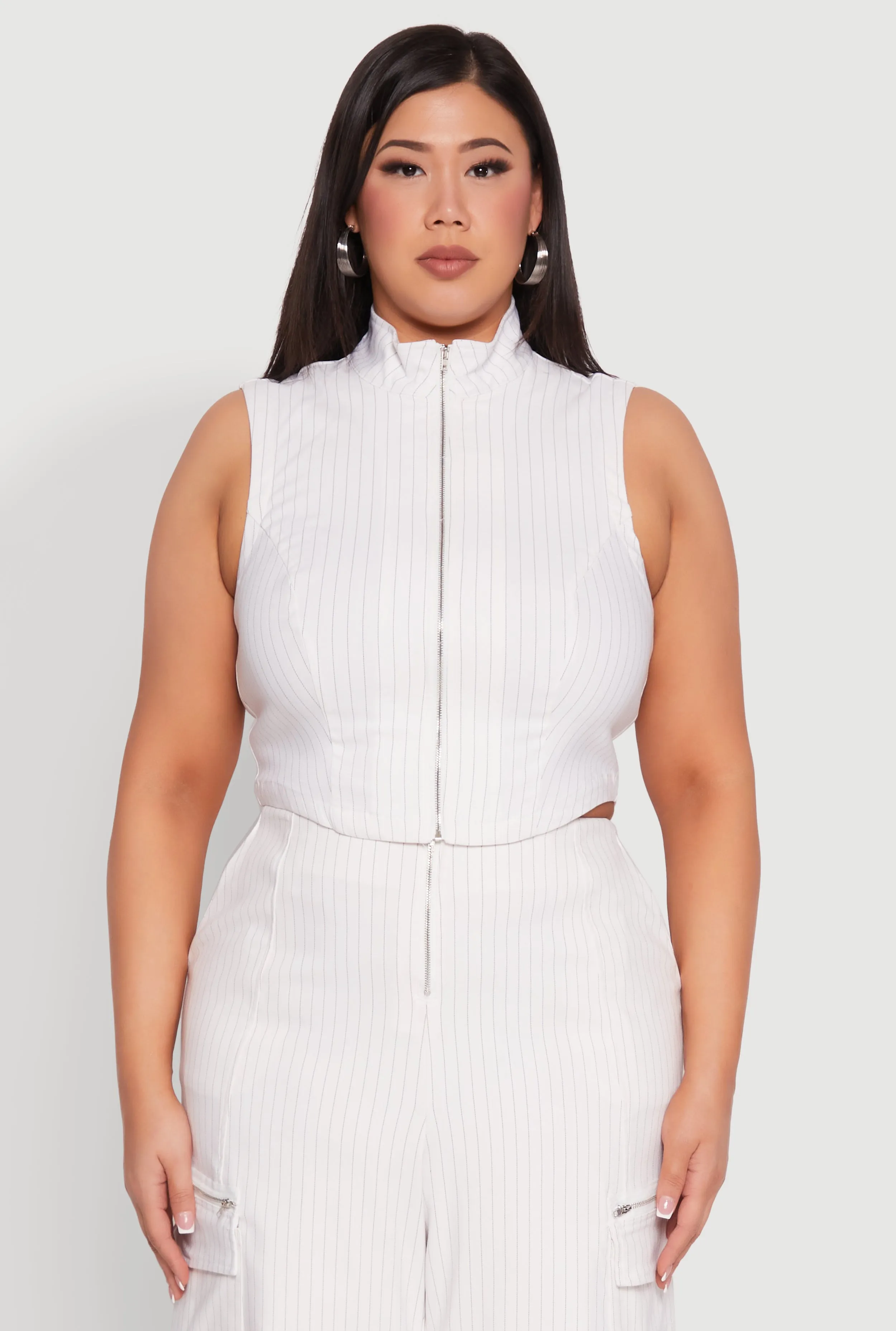 Plus Size Pinstripe Zip Front Crop Top sold by Rainbow