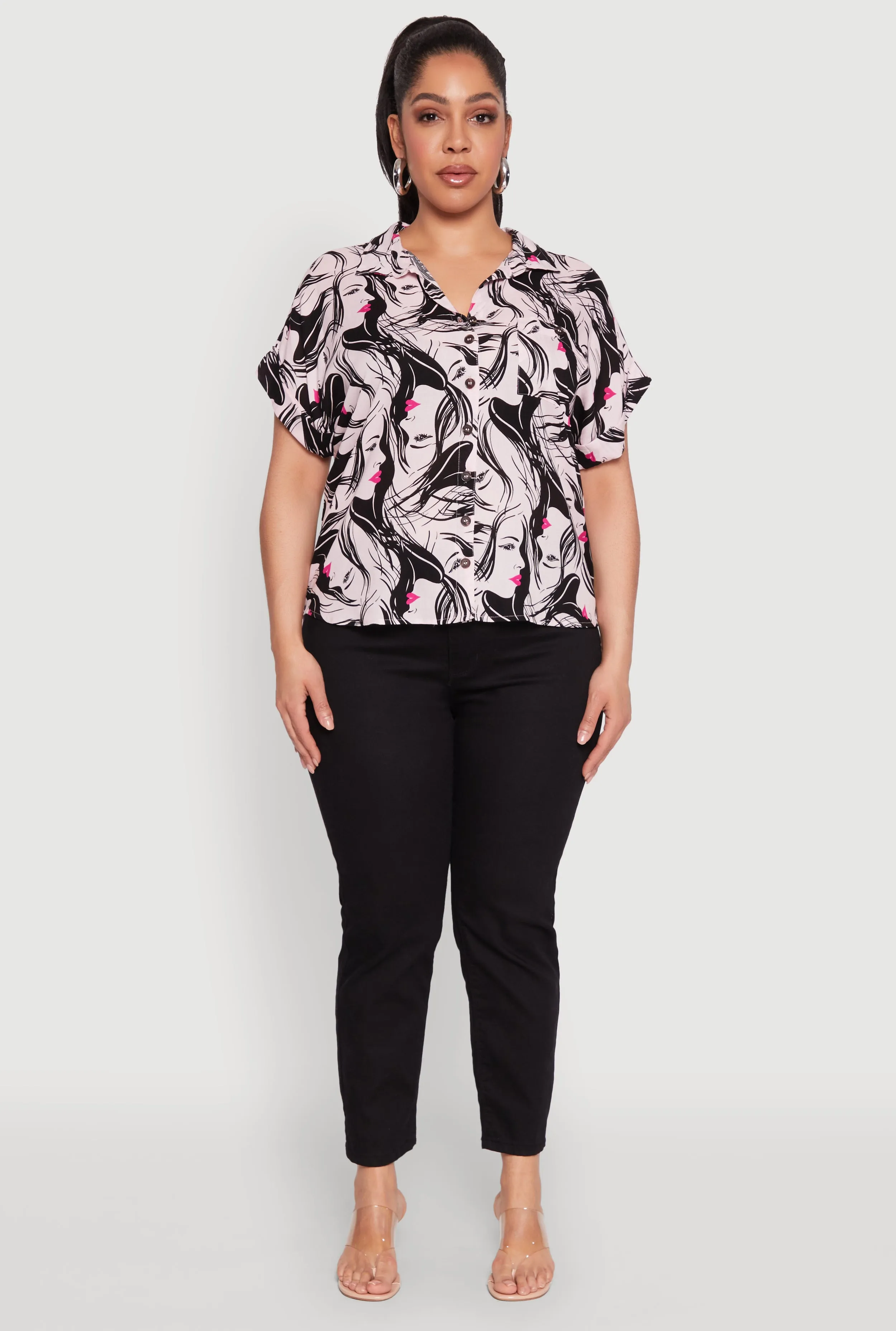 Plus Size Face Printed Button Front Shirt sold by Rainbow product image thumbnail 3