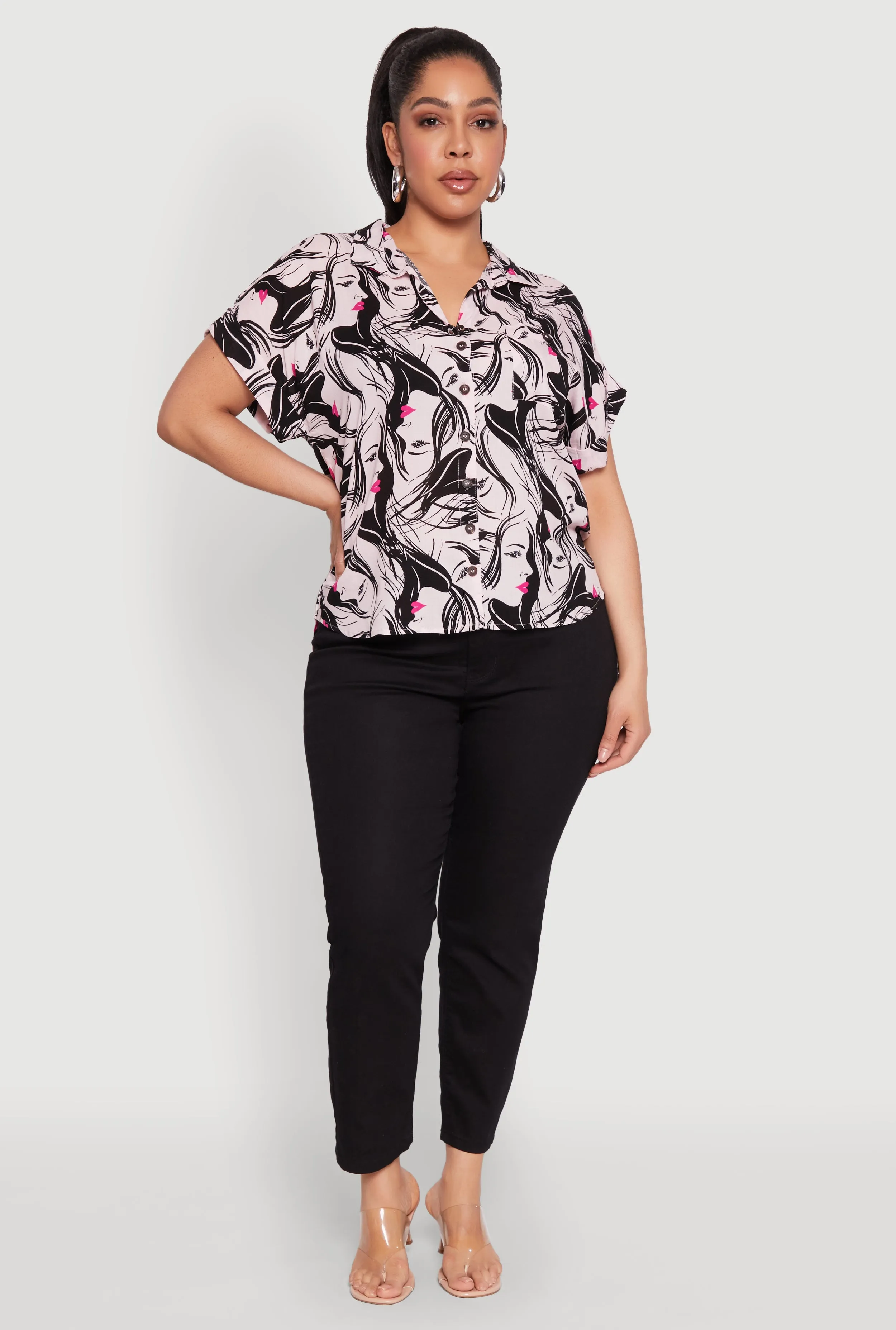 Plus Size Face Printed Button Front Shirt sold by Rainbow