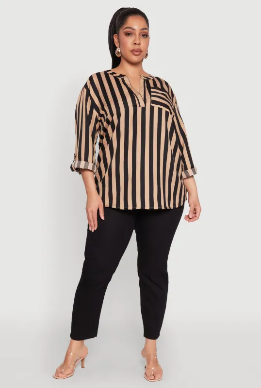 Plus Size Striped Notch Neck Blouse sold by Rainbow