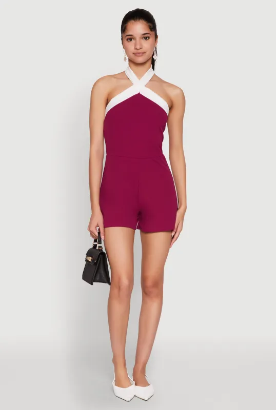Contrast Trim Halter Neck Romper sold by Rainbow