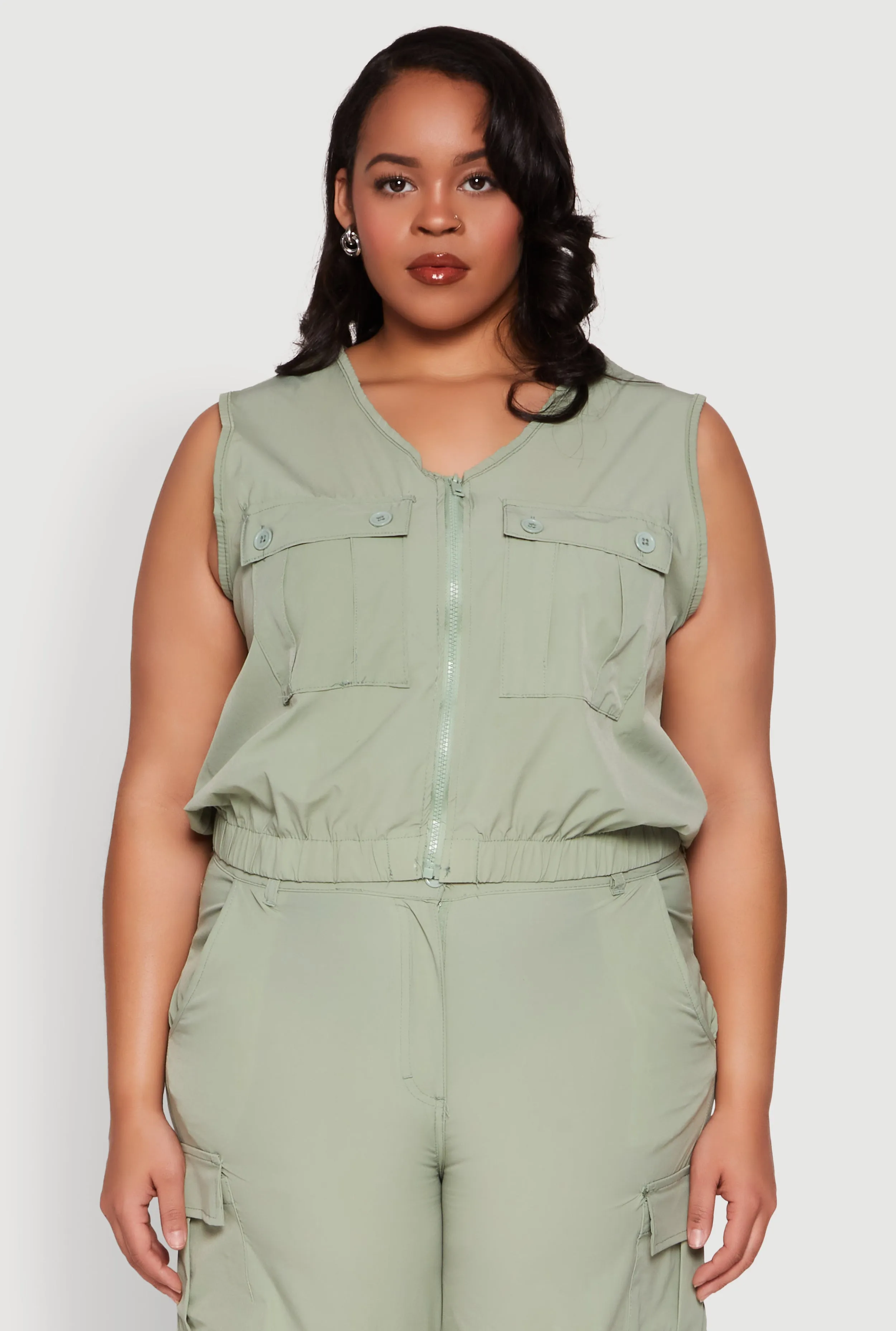 Plus Size Zip Front Cargo Pocket Top sold by Rainbow