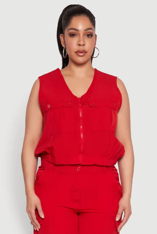 Plus Size Zip Front Cargo Pocket Top sold by Rainbow