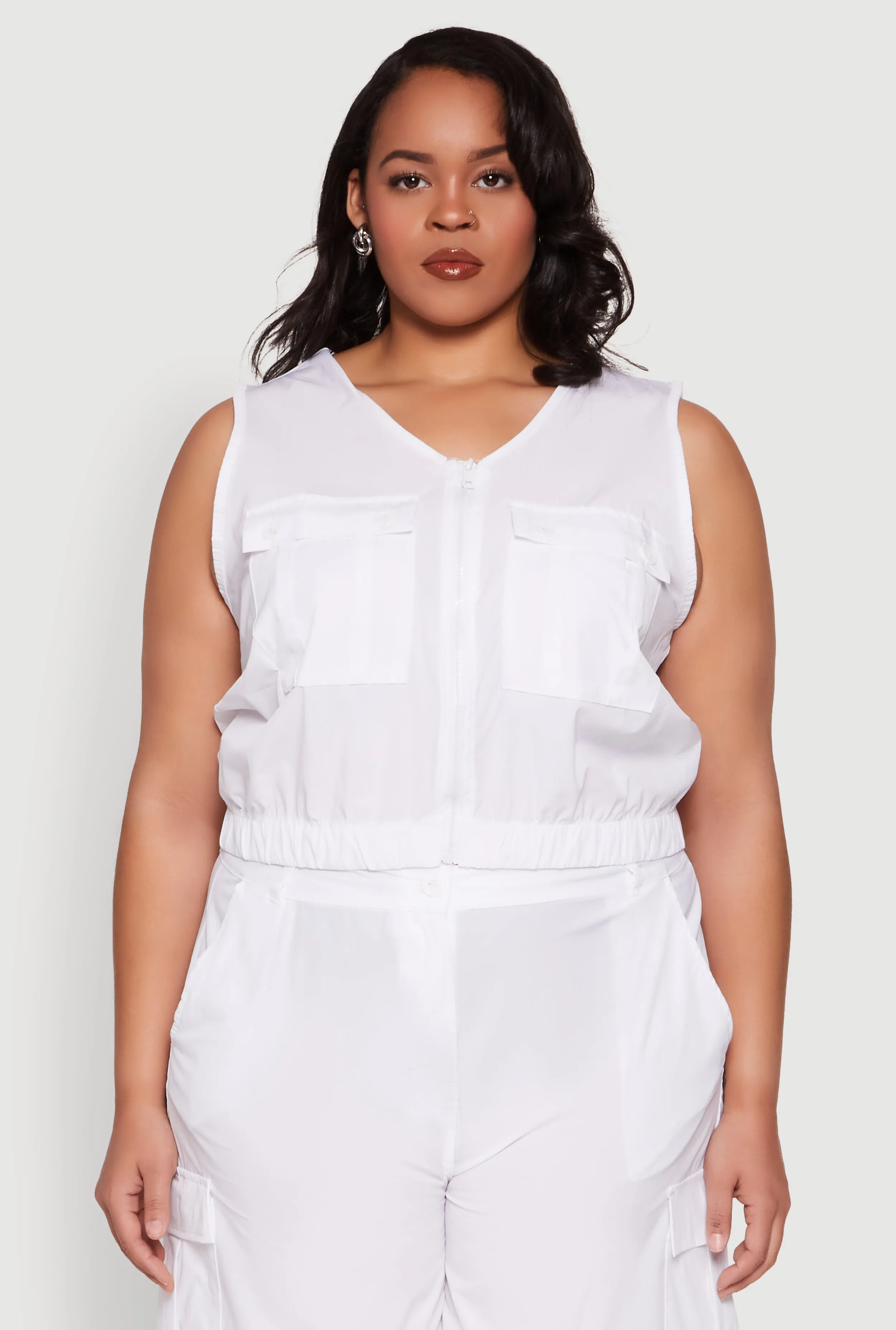 Plus Size Zip Front Cargo Pocket Top sold by Rainbow