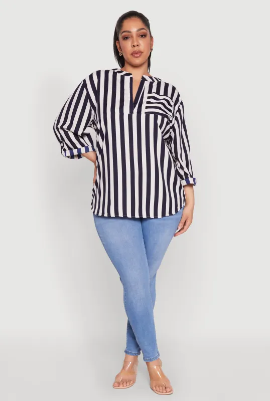 Plus Size Striped Notch Neck Blouse sold by Rainbow