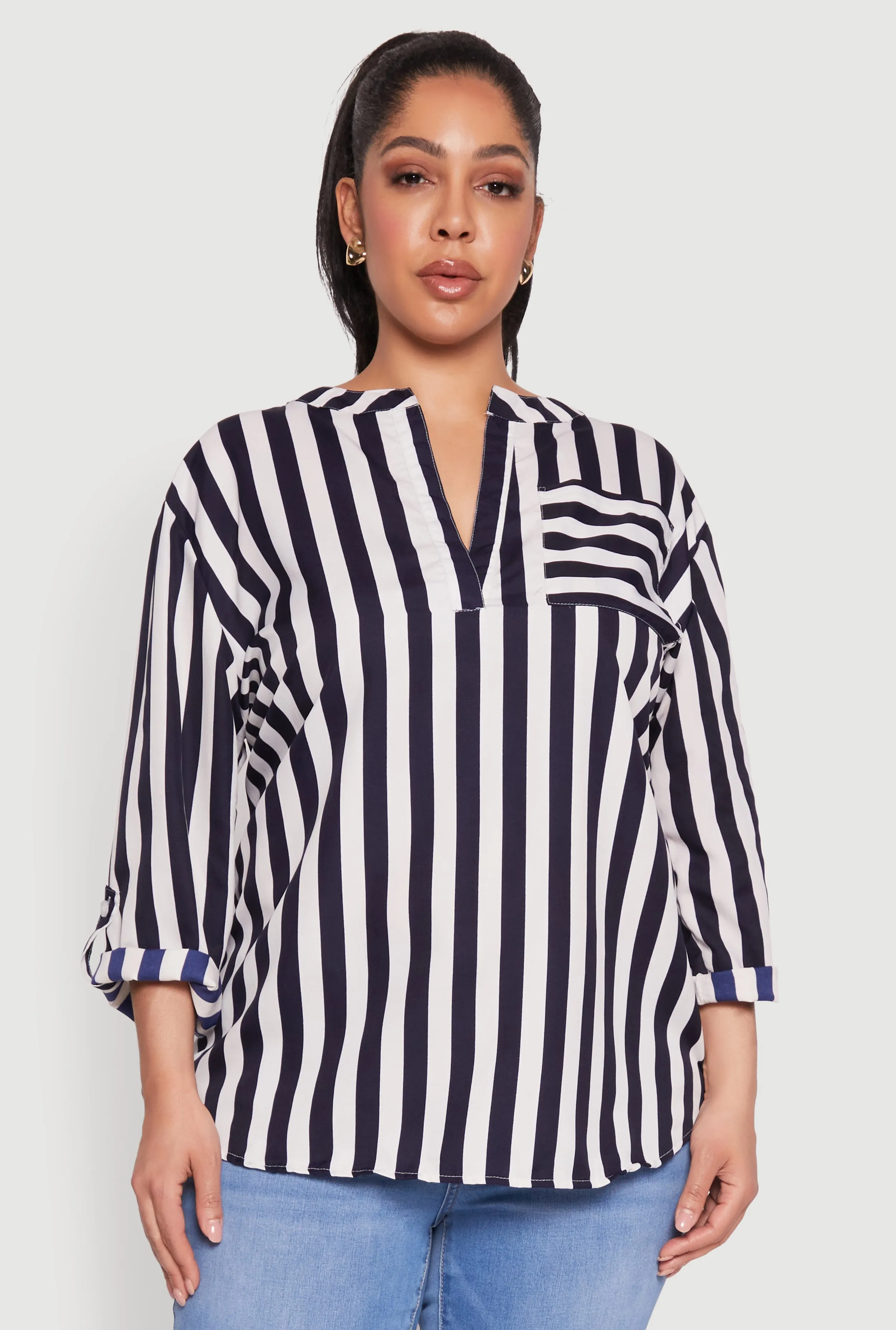 Plus Size Striped Notch Neck Blouse sold by Rainbow product image thumbnail 2