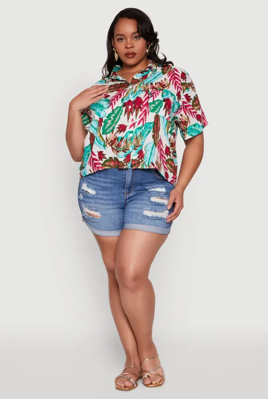 Plus Size Tropical Leaf Print Shirt sold by Rainbow