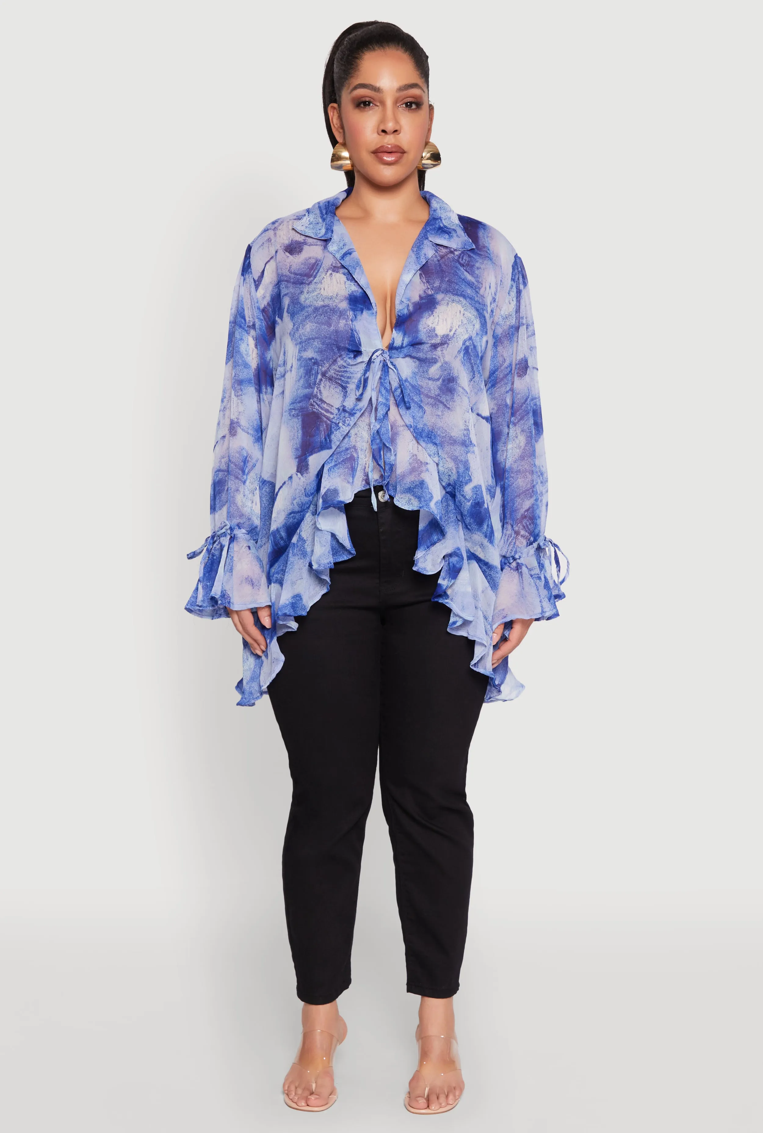 Plus Size Sheer Printed Ruffle Tie Front Top sold by Rainbow