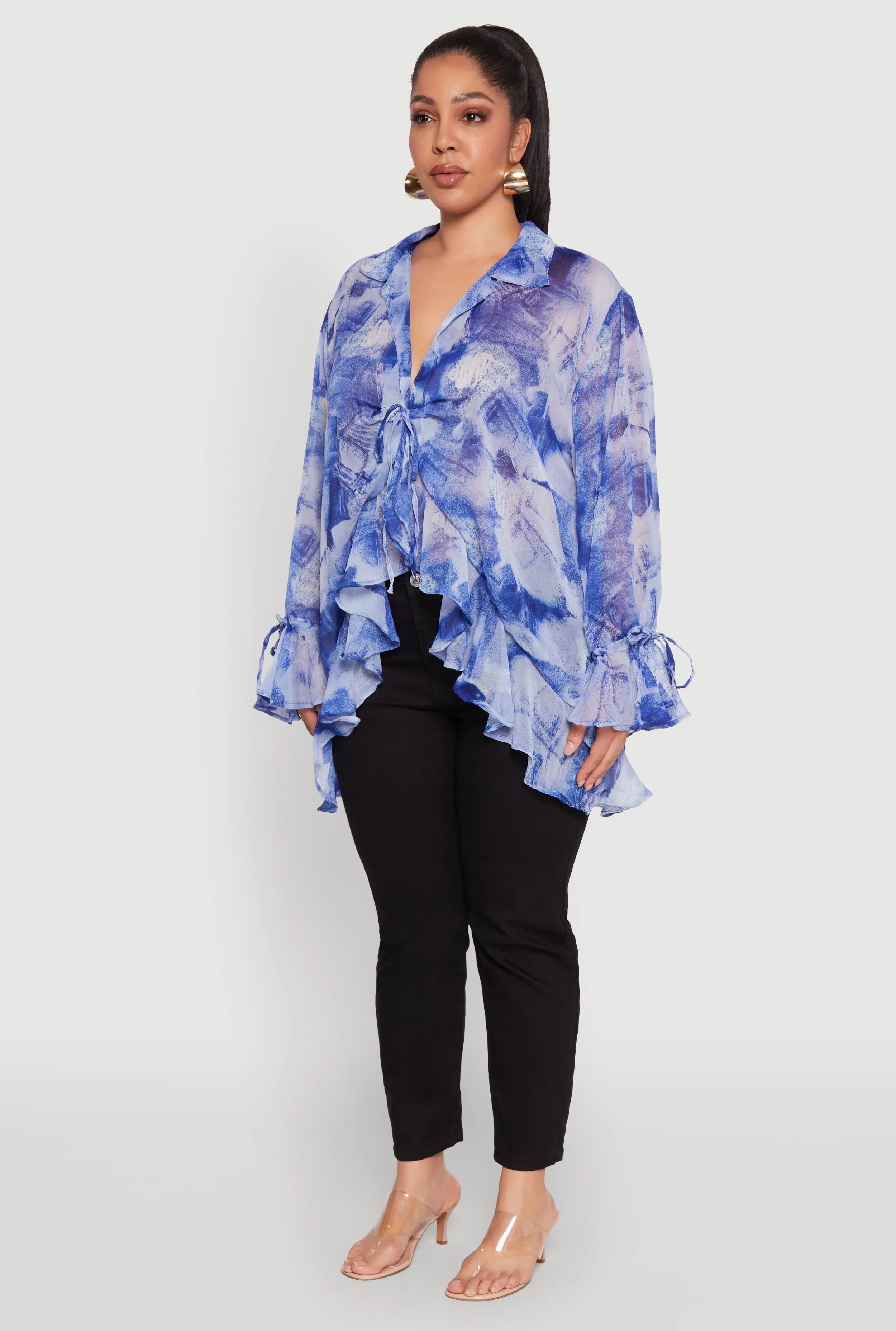 Plus Size Sheer Printed Ruffle Tie Front Top sold by Rainbow product image thumbnail 5