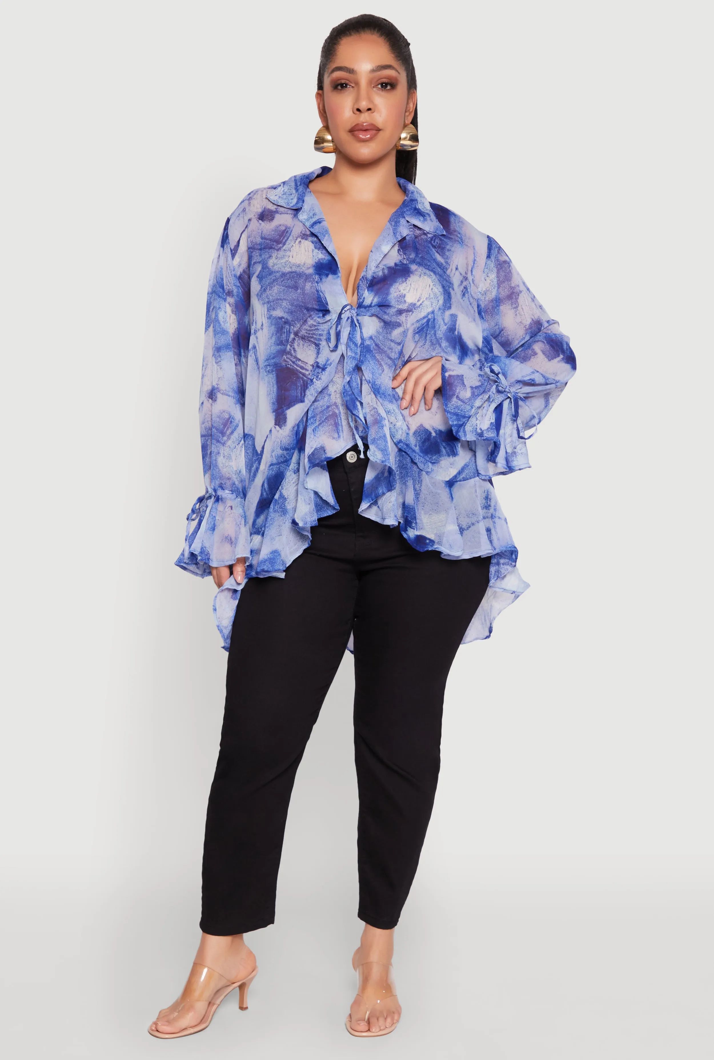 Plus Size Sheer Printed Ruffle Tie Front Top sold by Rainbow product image thumbnail 3