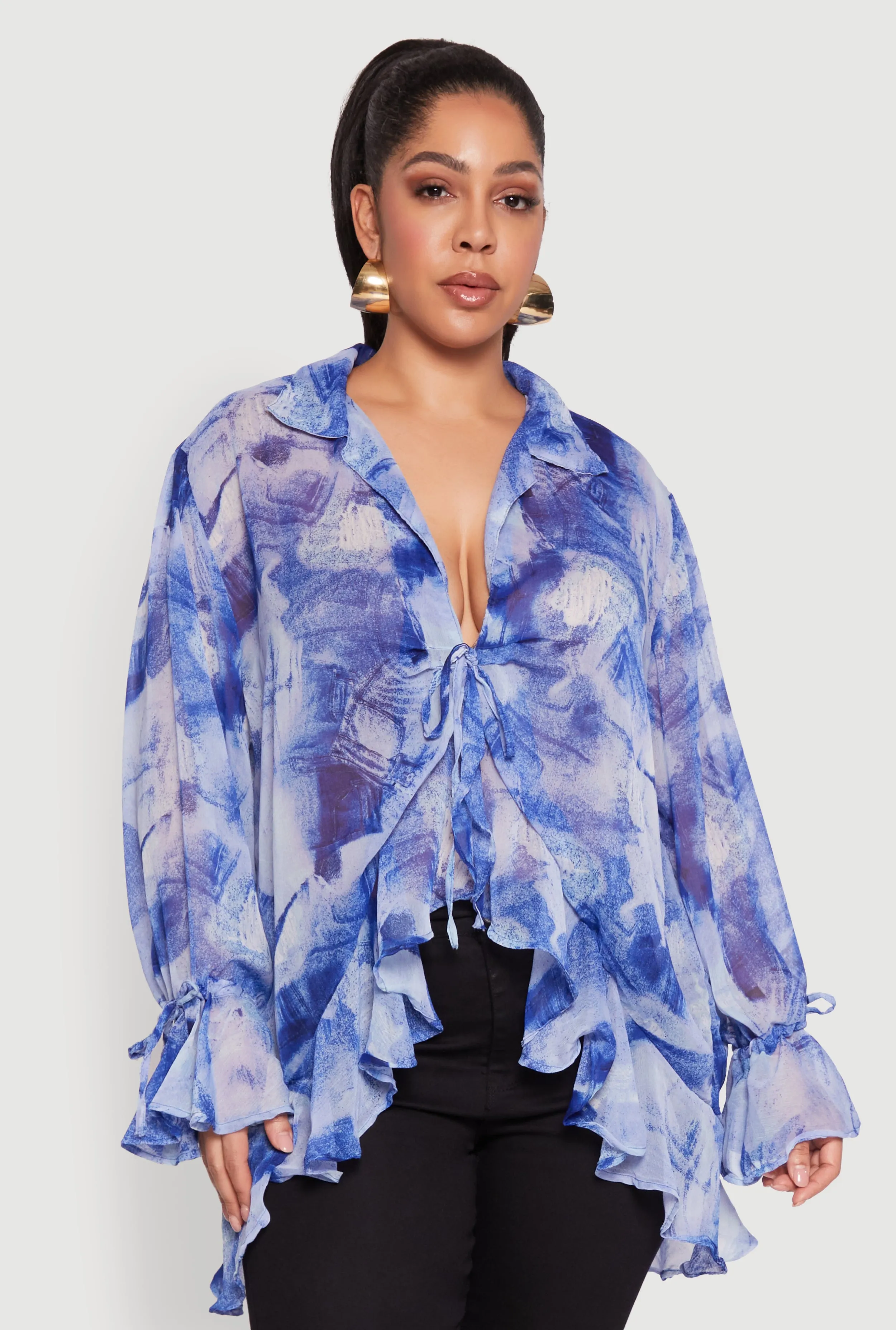 Plus Size Sheer Printed Ruffle Tie Front Top sold by Rainbow product image thumbnail 2