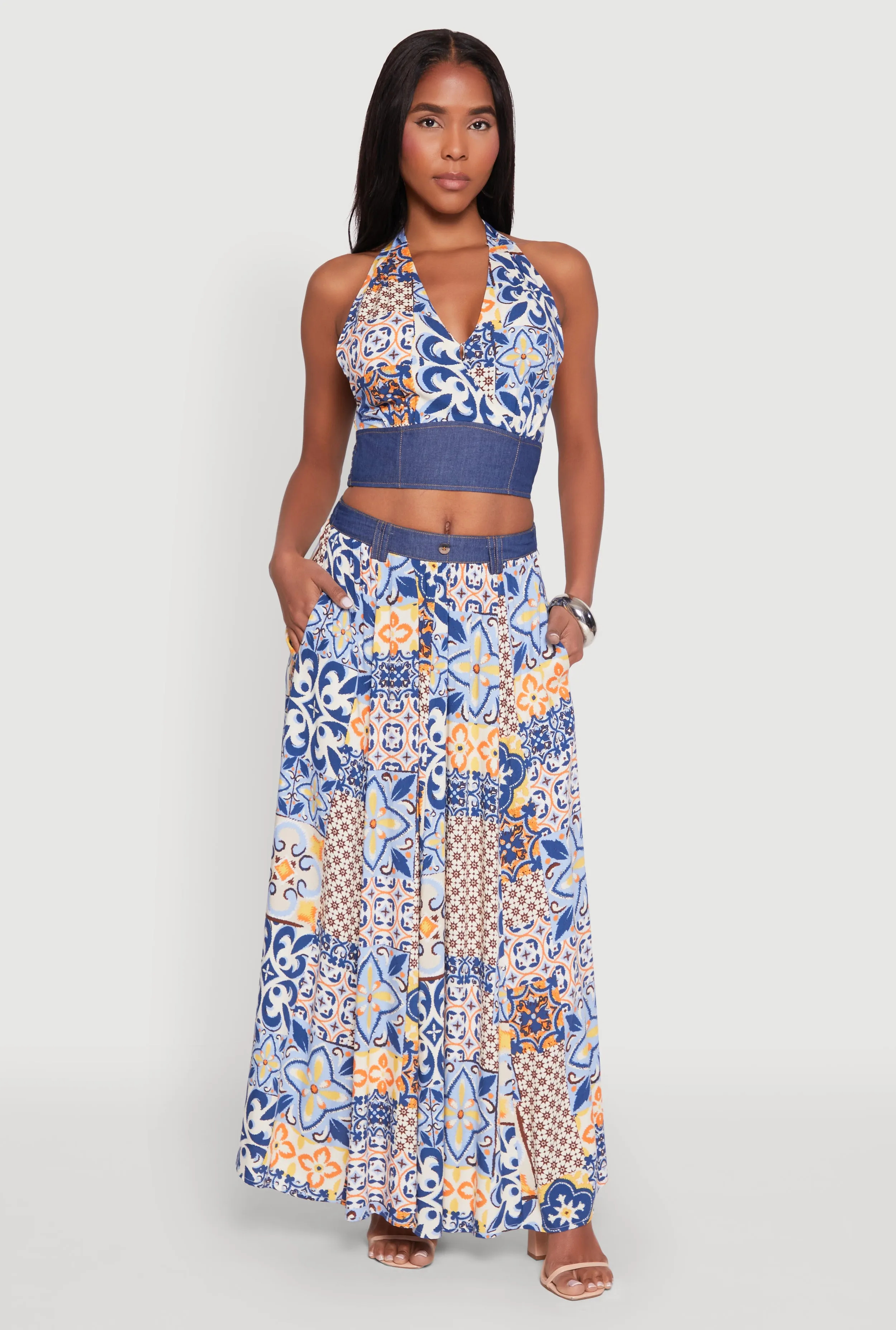 Denim Waist Patterned Maxi Skirt sold by Rainbow product image thumbnail 2