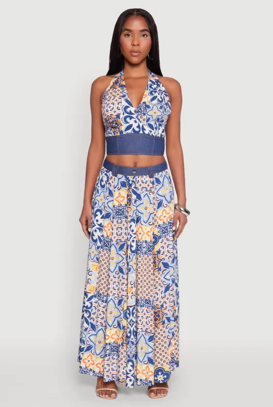 Denim Waist Patterned Maxi Skirt sold by Rainbow