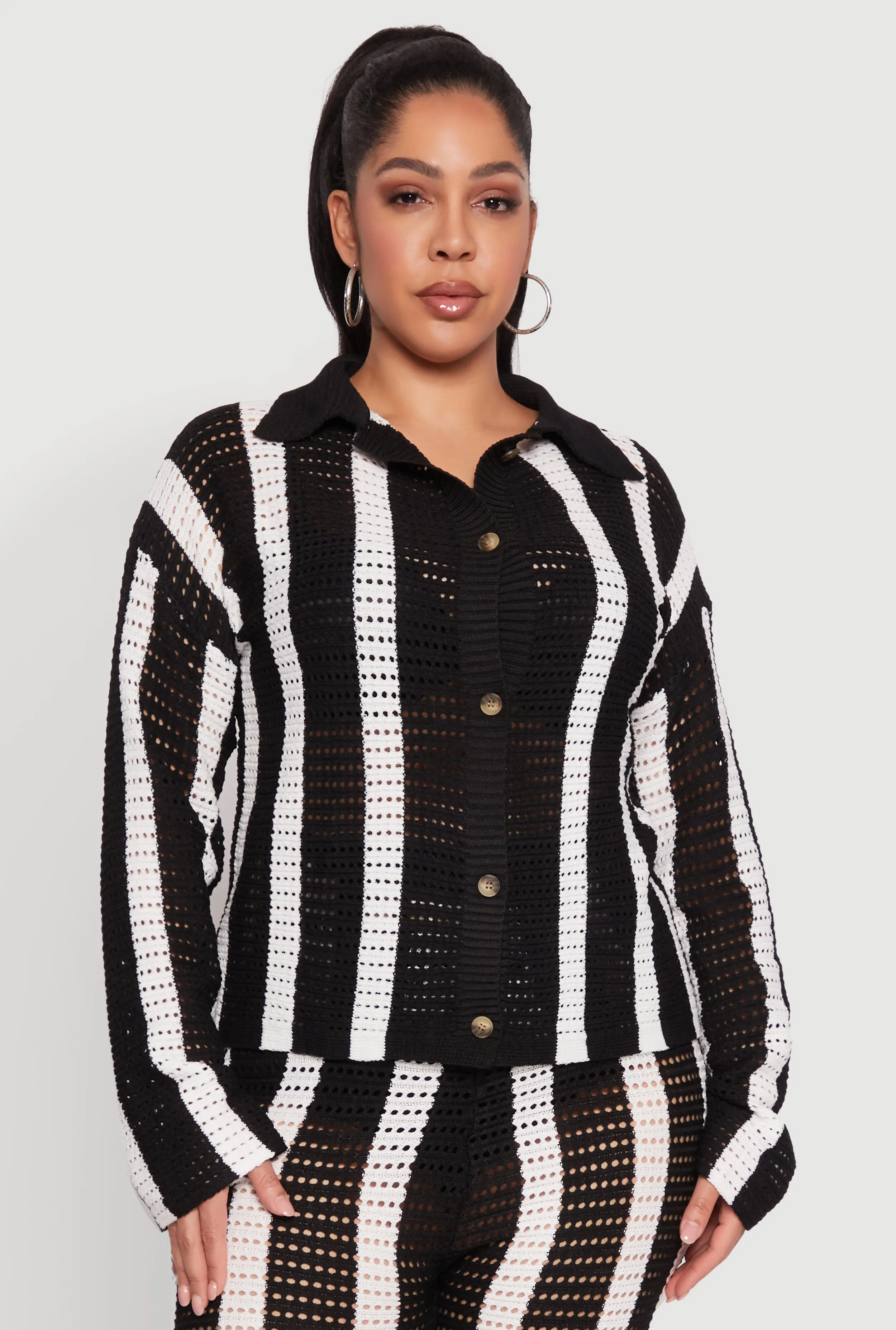 Plus Size Daisy Striped Crochet Shirt sold by Rainbow