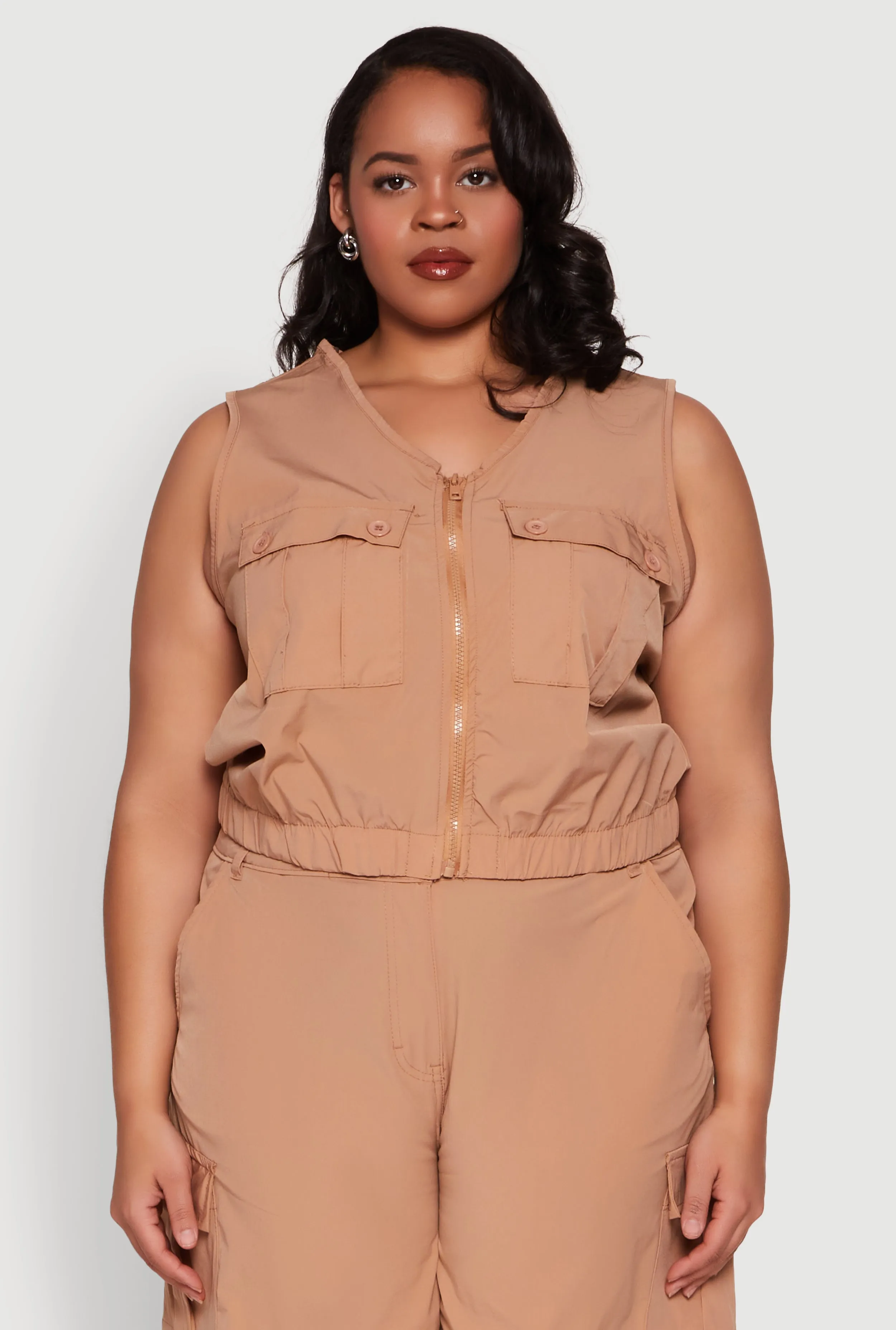 Plus Size Zip Front Cargo Pocket Top sold by Rainbow