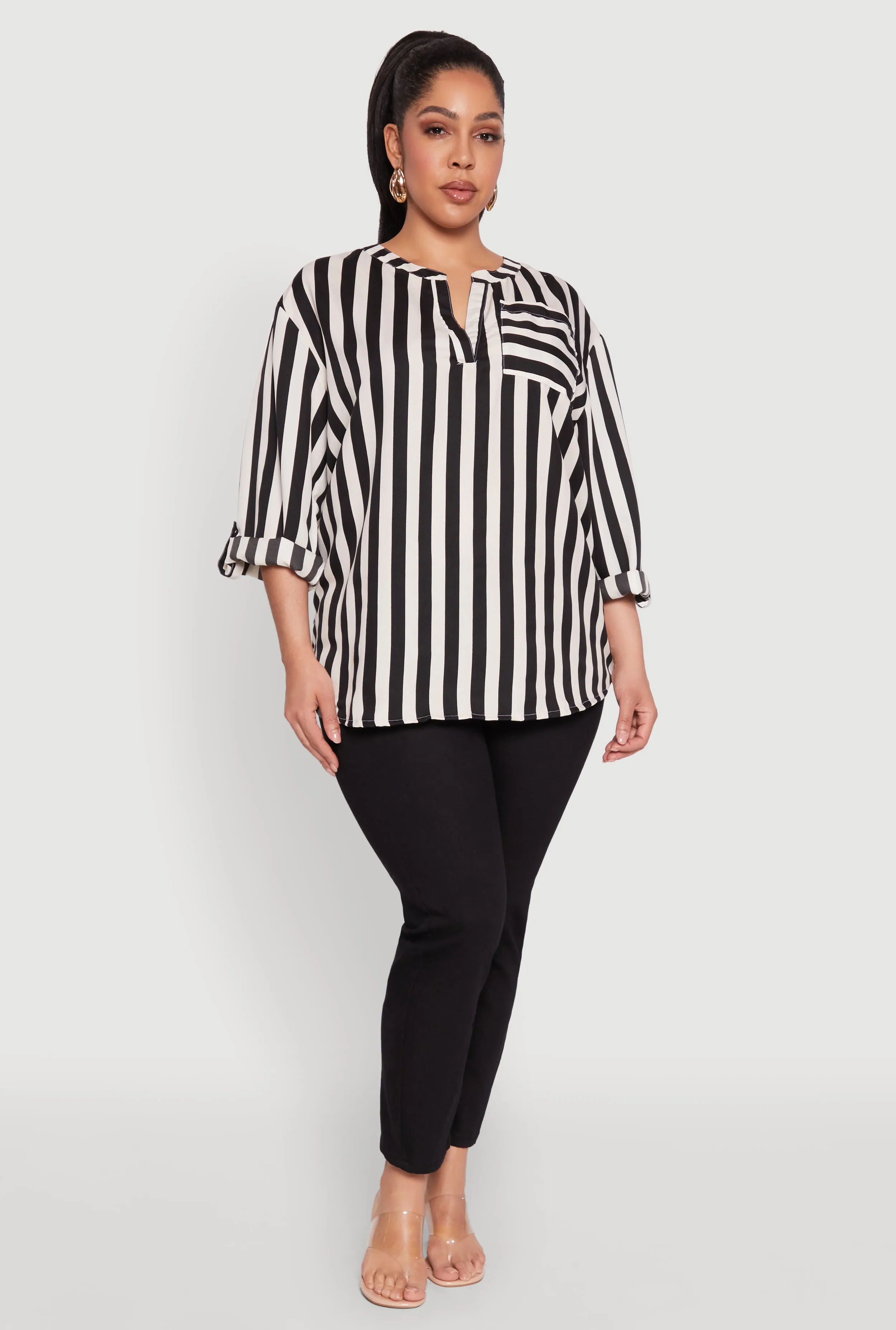 Plus Size Striped Notch Neck Blouse sold by Rainbow