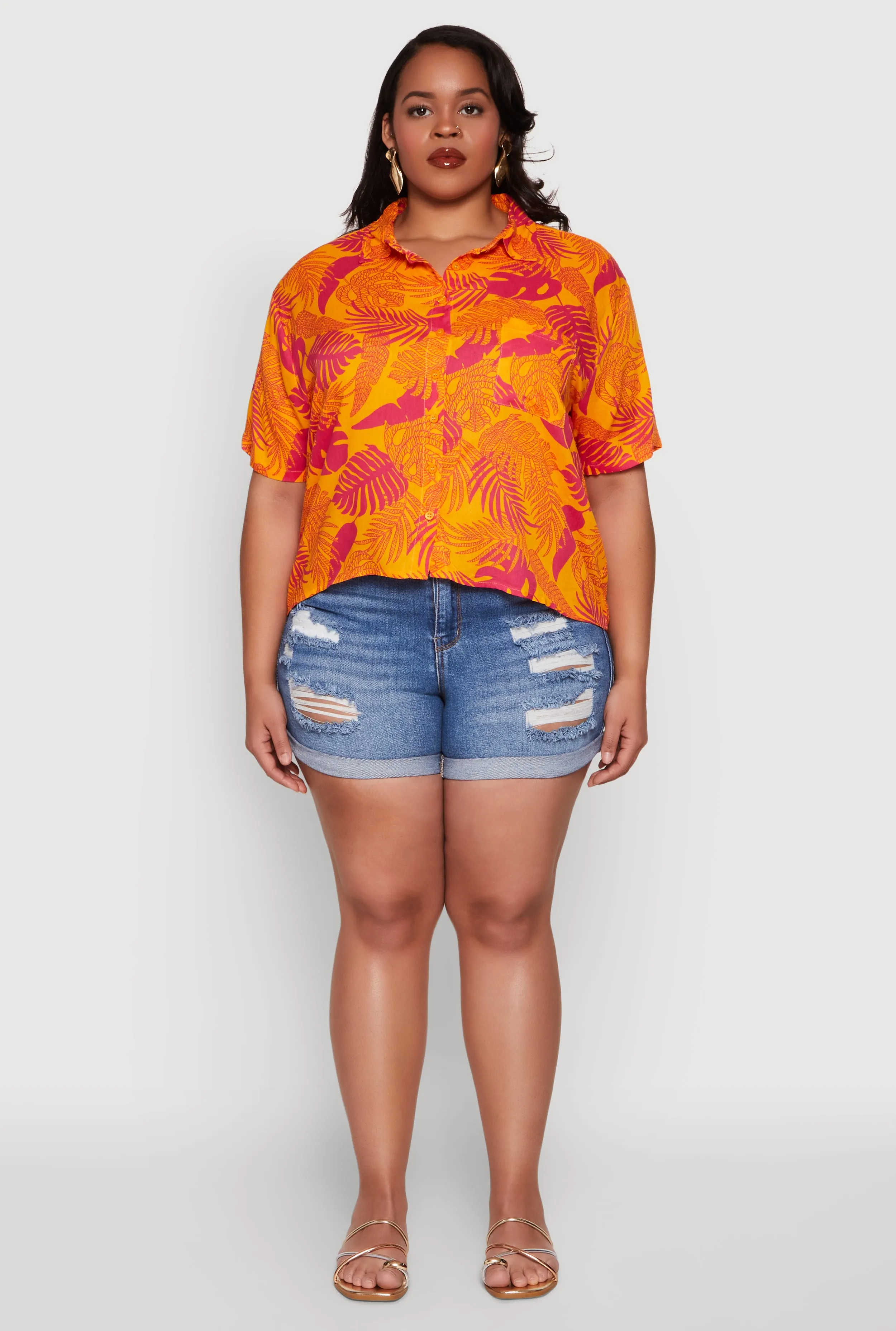 Plus Size Tropical Leaf Print Button Front Shirt sold by Rainbow product image thumbnail 3