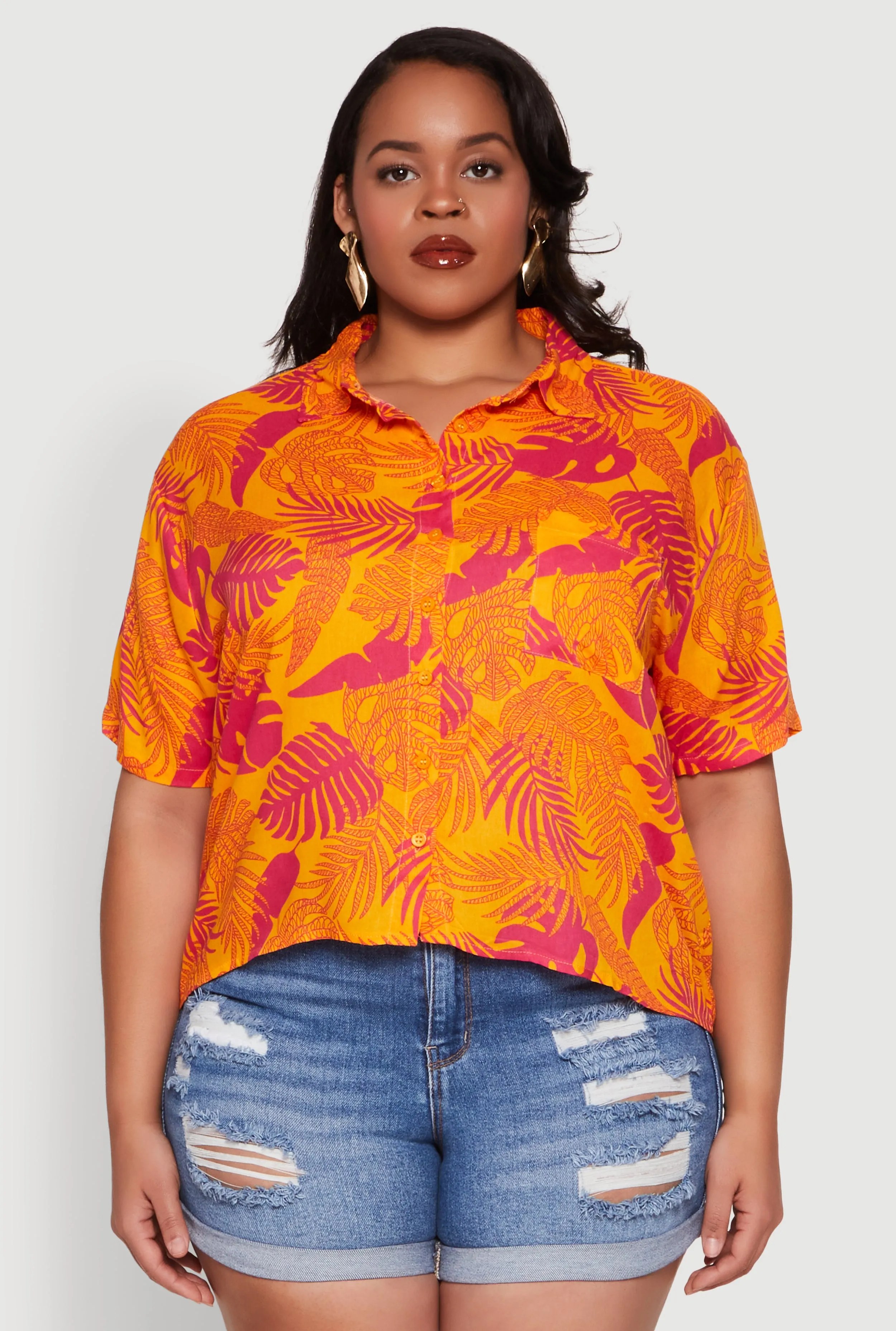 Plus Size Tropical Leaf Print Button Front Shirt sold by Rainbow product image thumbnail 2