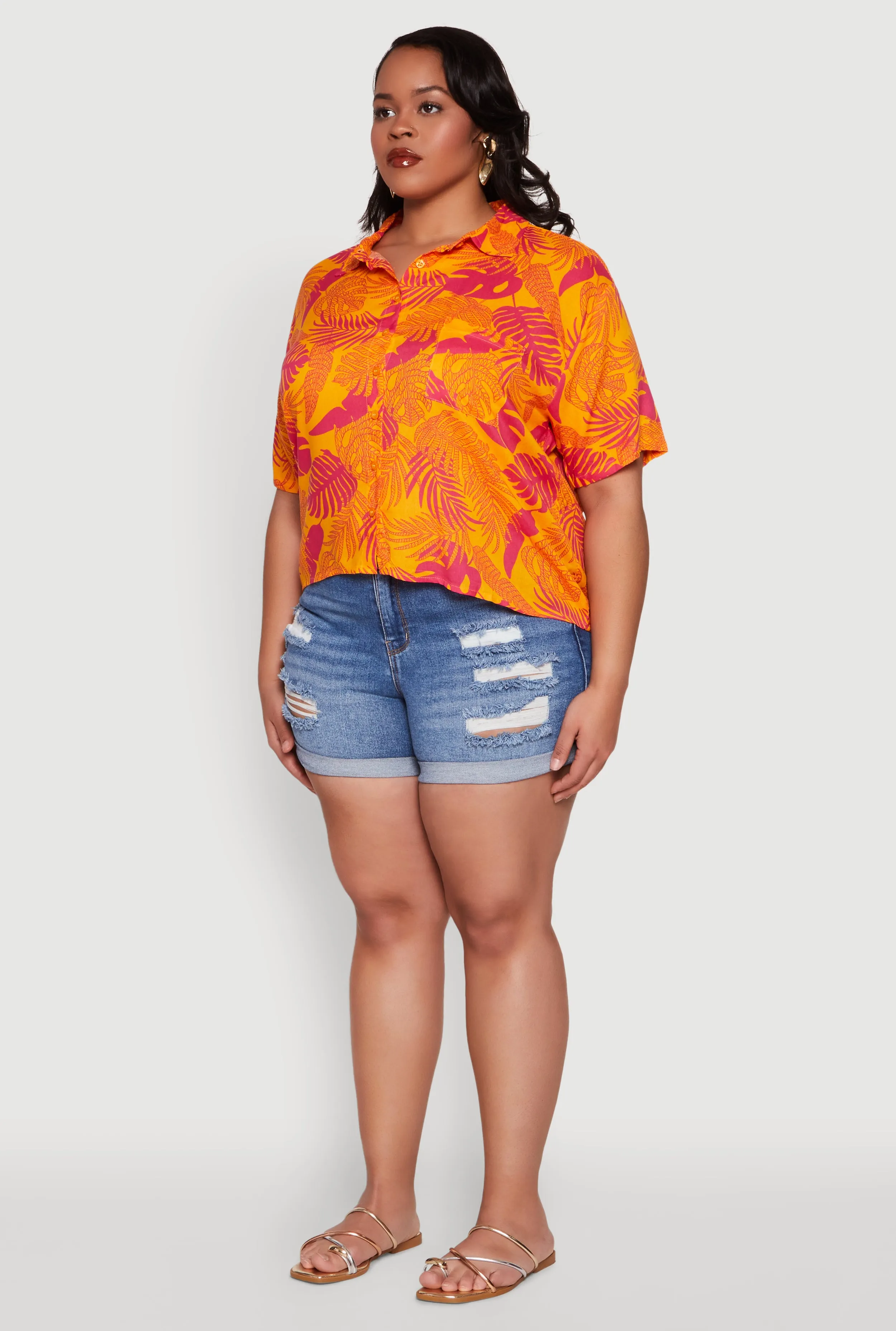 Plus Size Tropical Leaf Print Button Front Shirt sold by Rainbow product image thumbnail 5