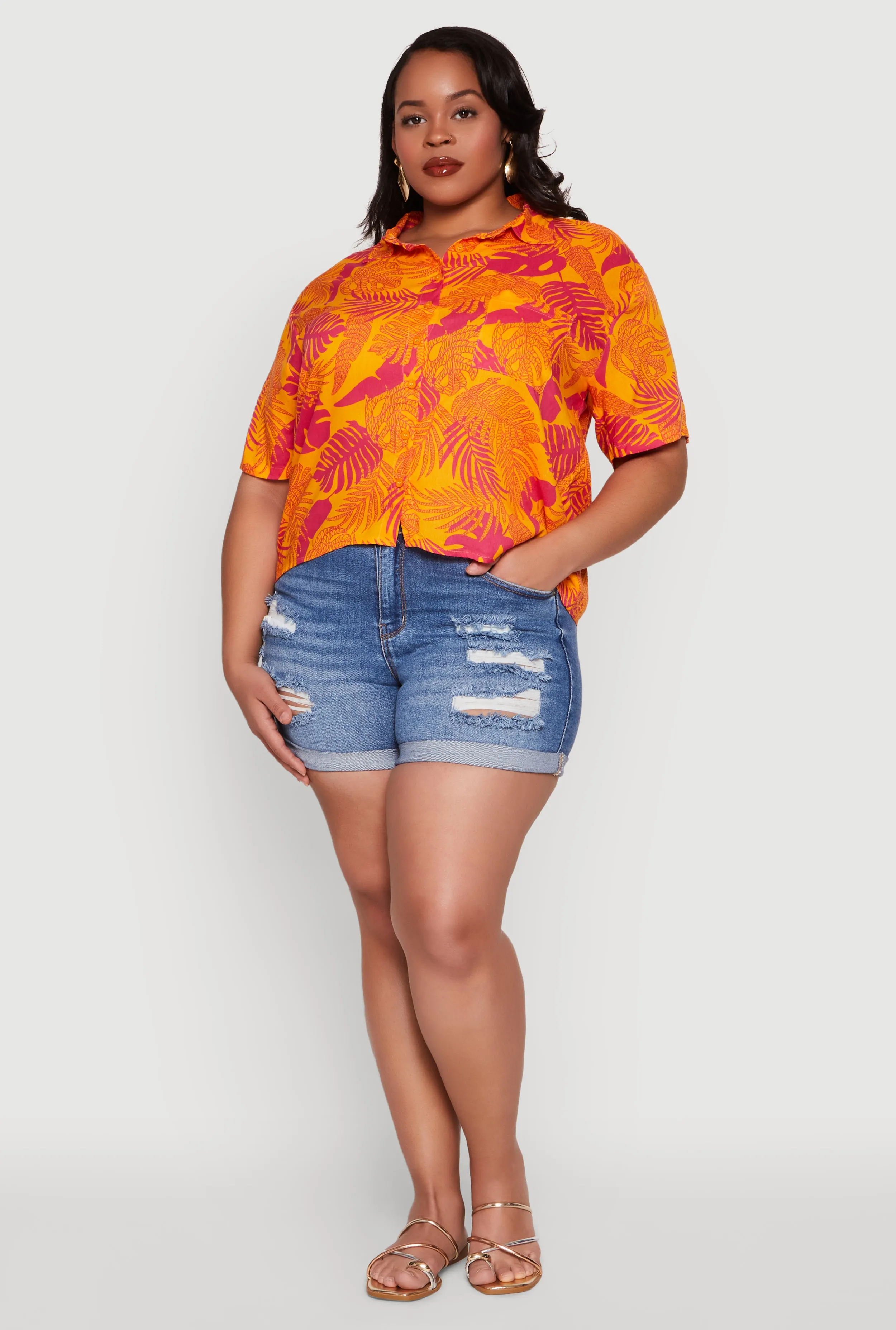 Plus Size Tropical Leaf Print Button Front Shirt sold by Rainbow