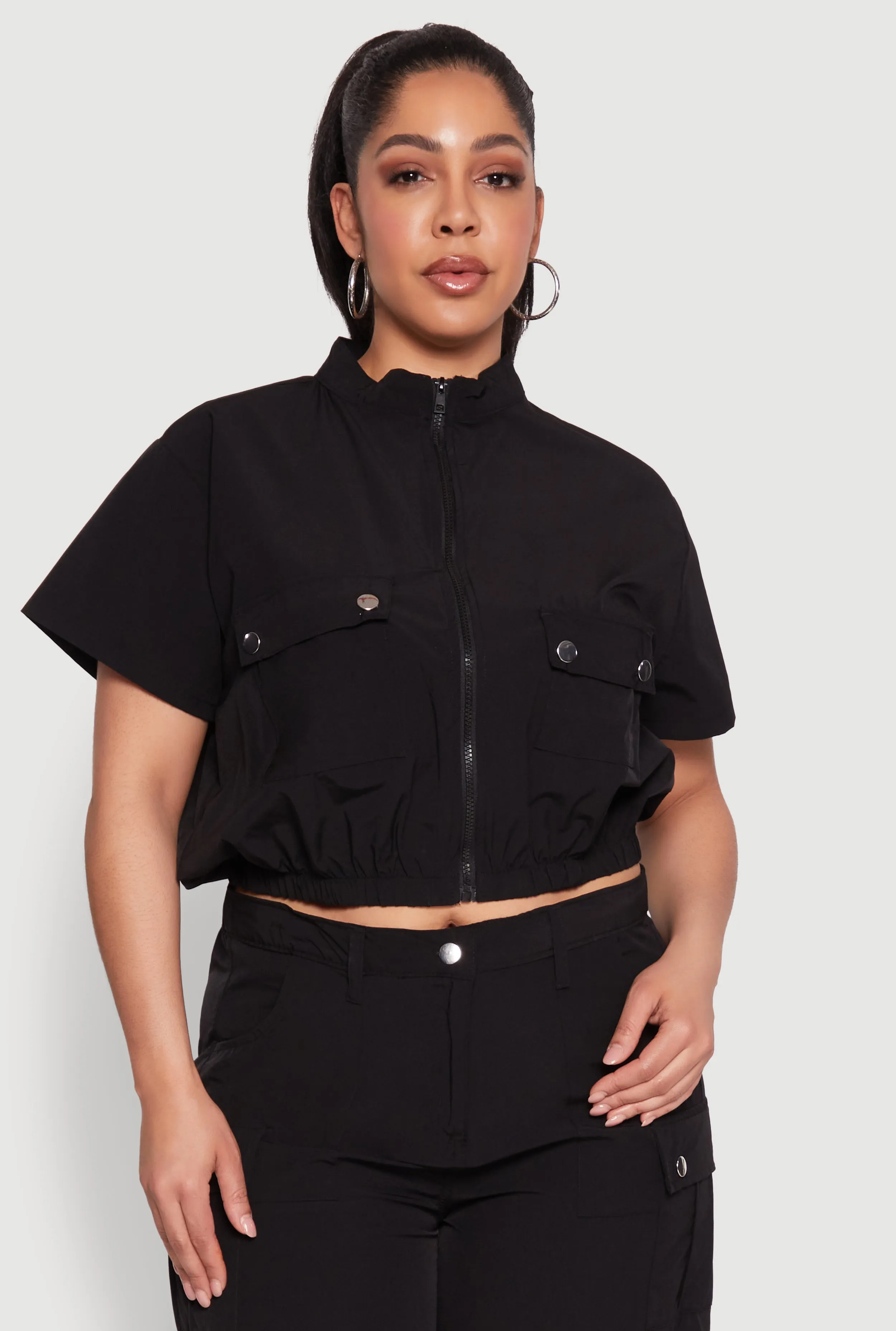 Plus Size Nylon Utility Zip Front Top sold by Rainbow