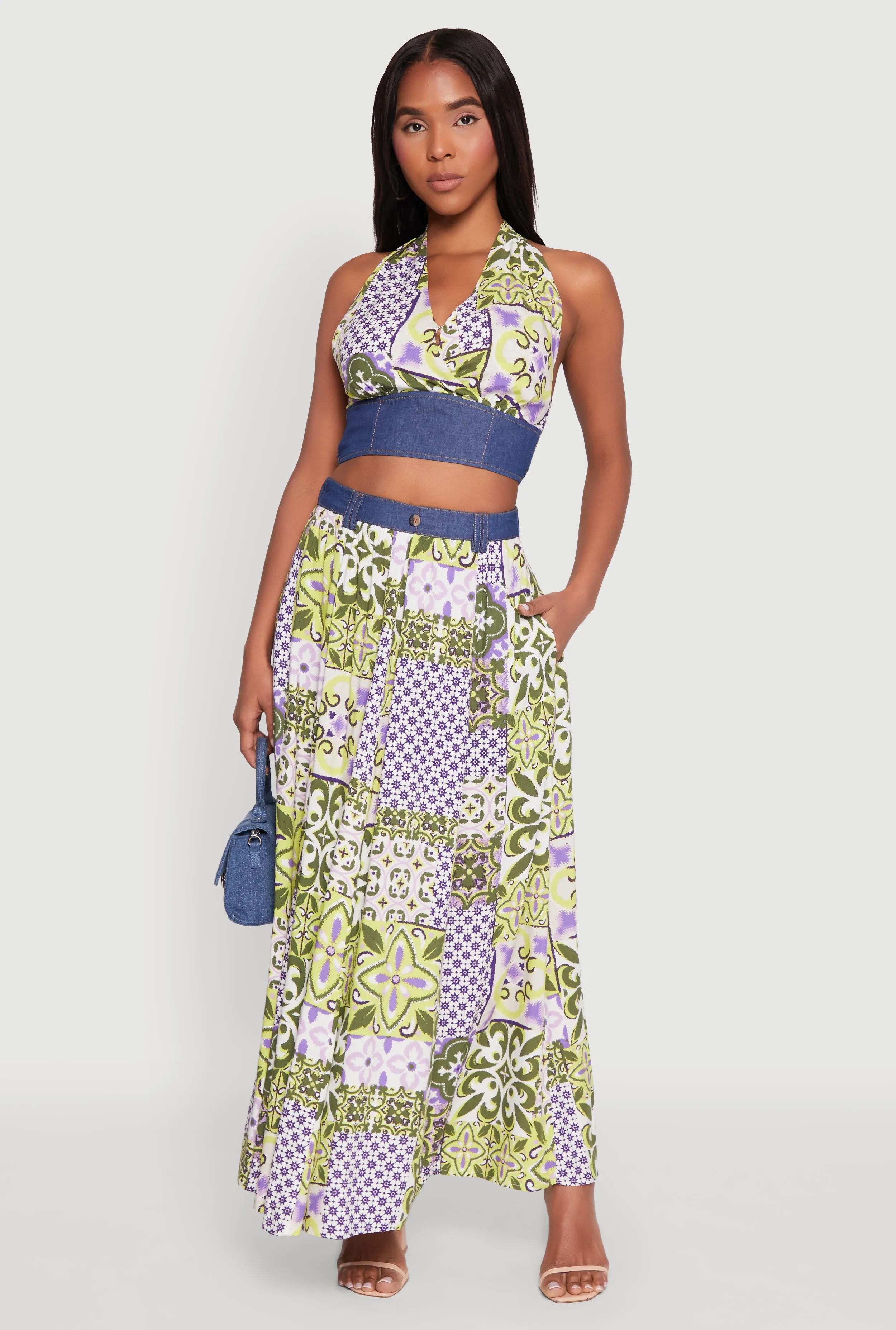 Denim Waist Patterned Maxi Skirt sold by Rainbow