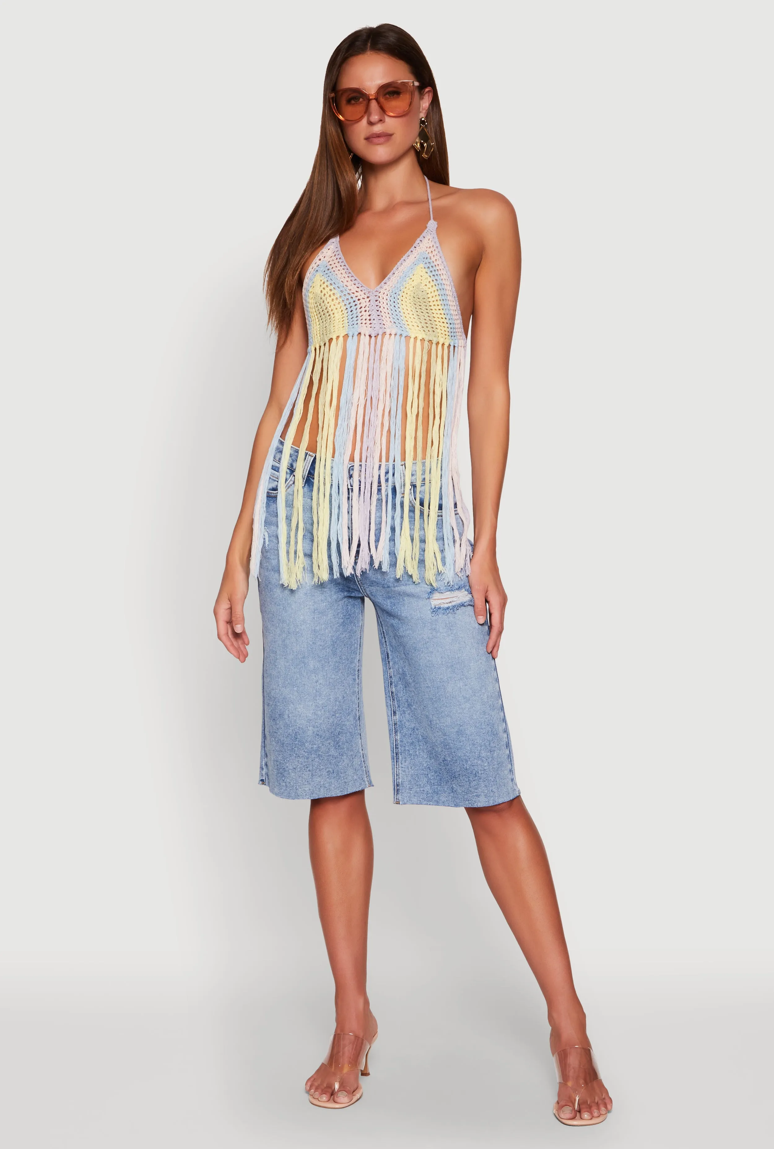 Crochet Striped Fringe Halter Top sold by Rainbow