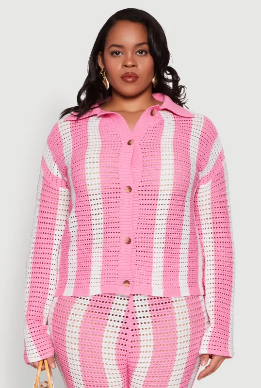 Plus Size Daisy Striped Crochet Shirt sold by Rainbow