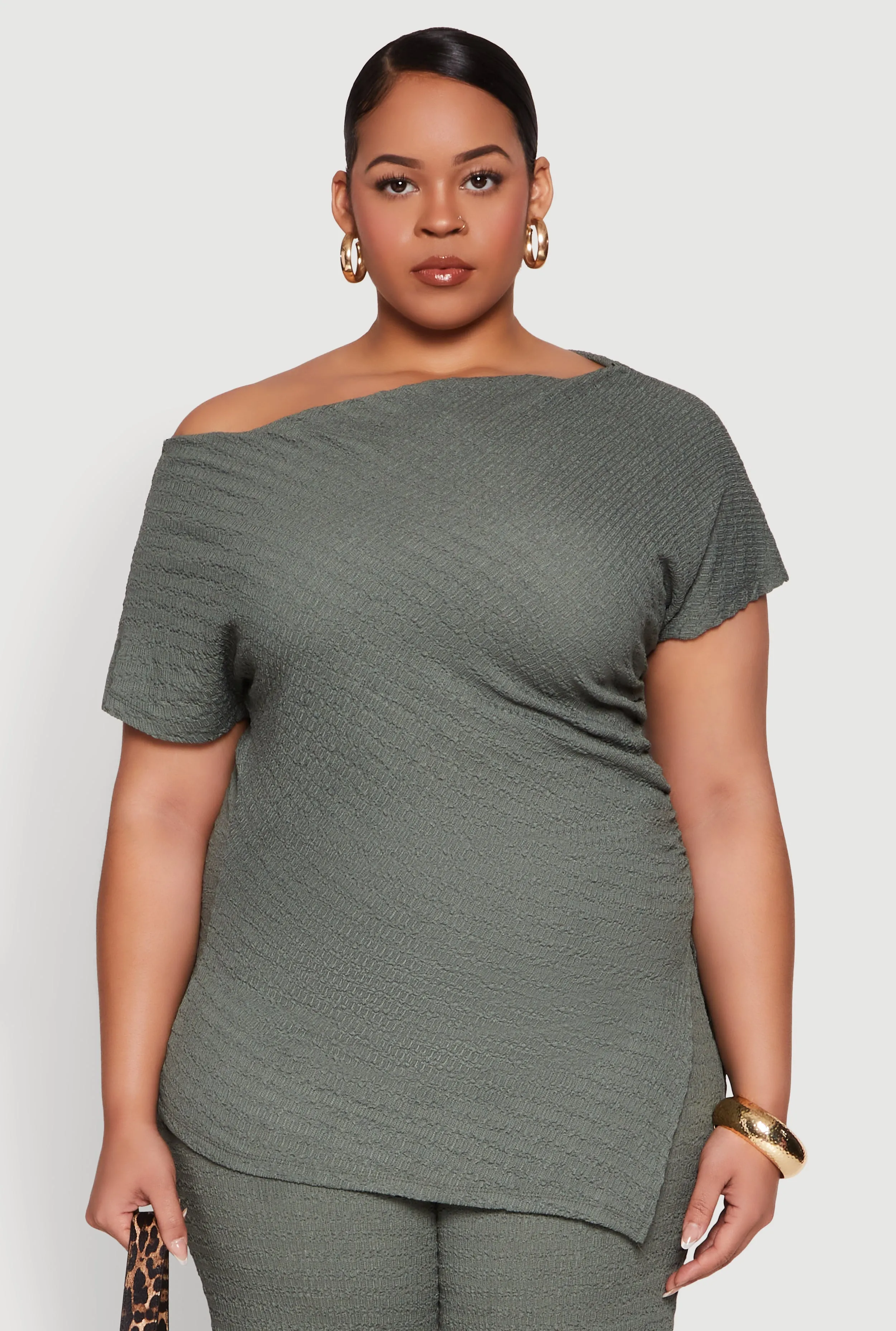 Plus Size Textured Knit Asymmetrical Top sold by Rainbow
