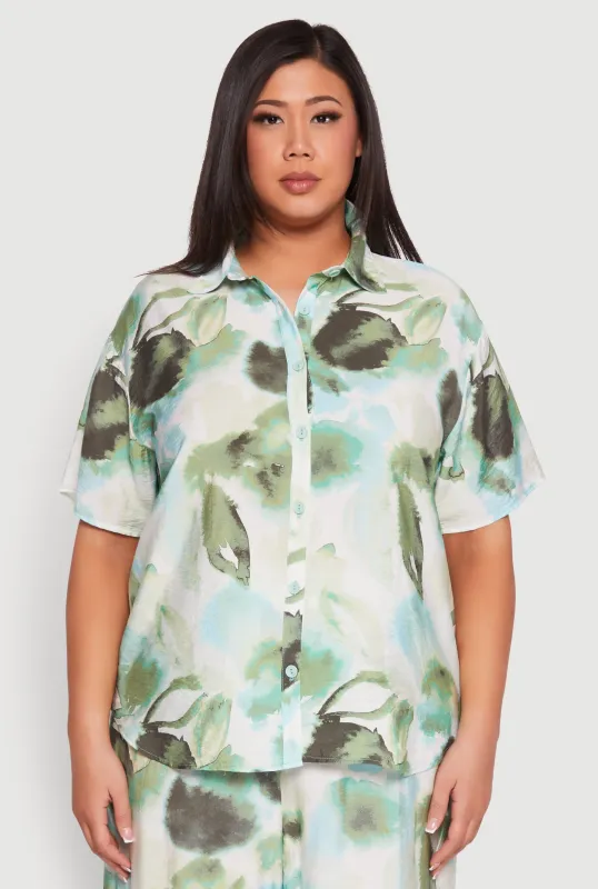 Plus Size Abstract Leaf Print Blouse sold by Rainbow