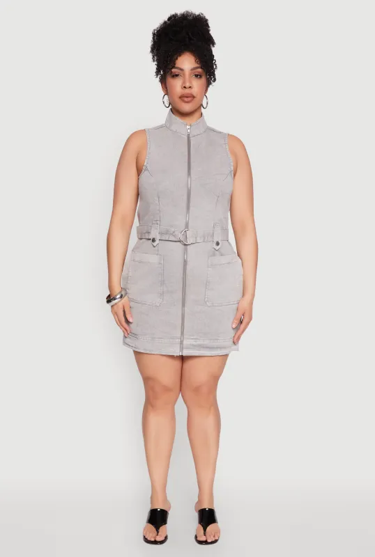 Plus Size Mineral Wash Zip Front Cargo Dress sold by Rainbow