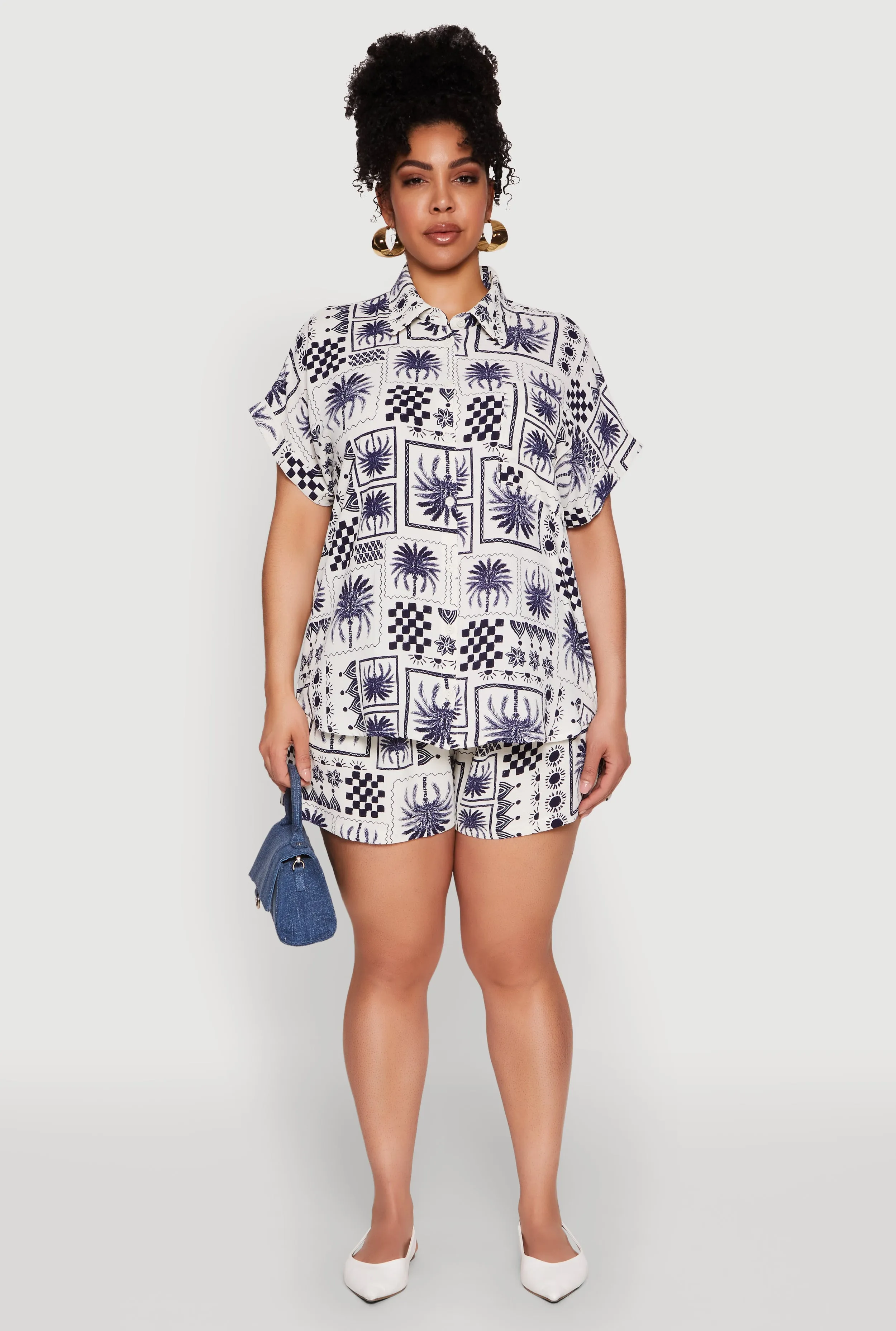 Plus Size Checkered Palm Print Shorts sold by Rainbow
