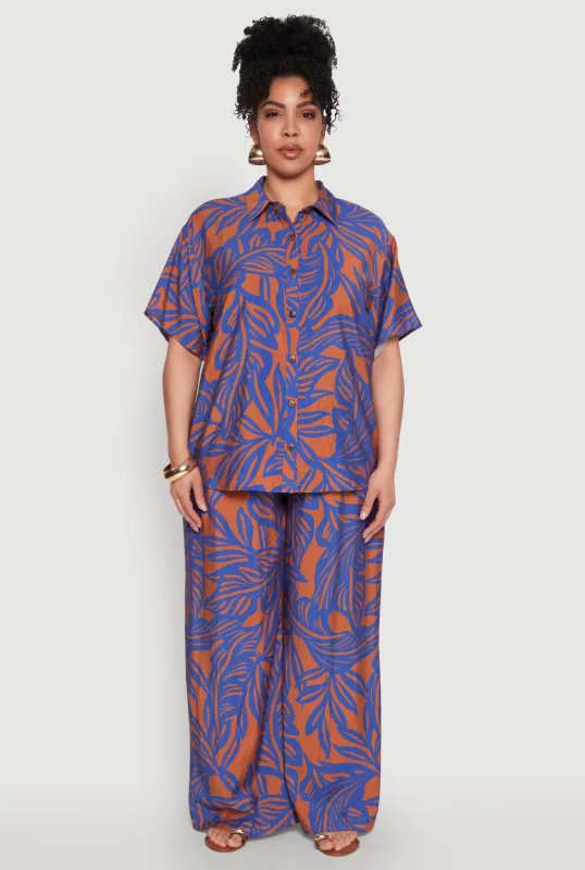Plus Size Leaf Print Smocked Waist Pants sold by Rainbow