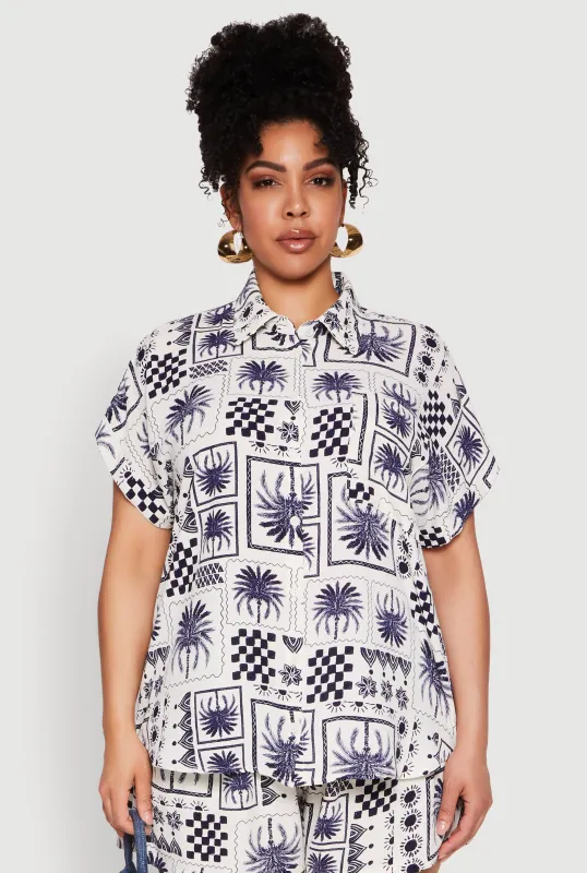 Plus Size Checkered Palm Print Shirt sold by Rainbow