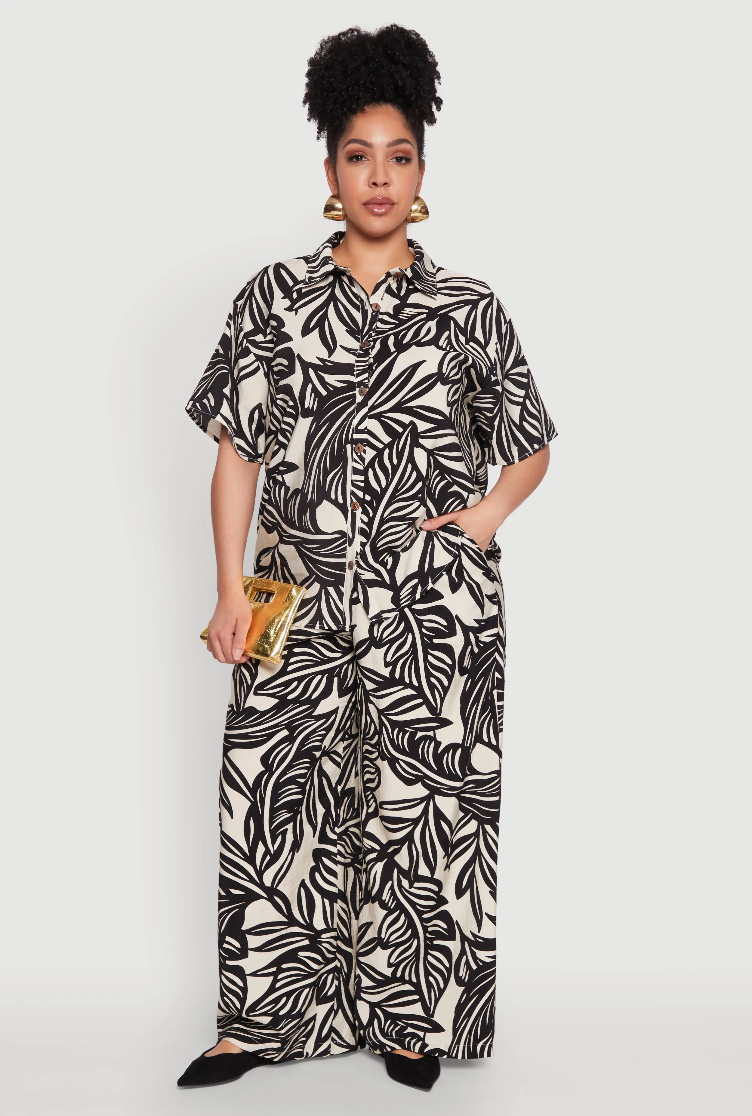 Plus Size Leaf Print Smocked Waist Pants sold by Rainbow