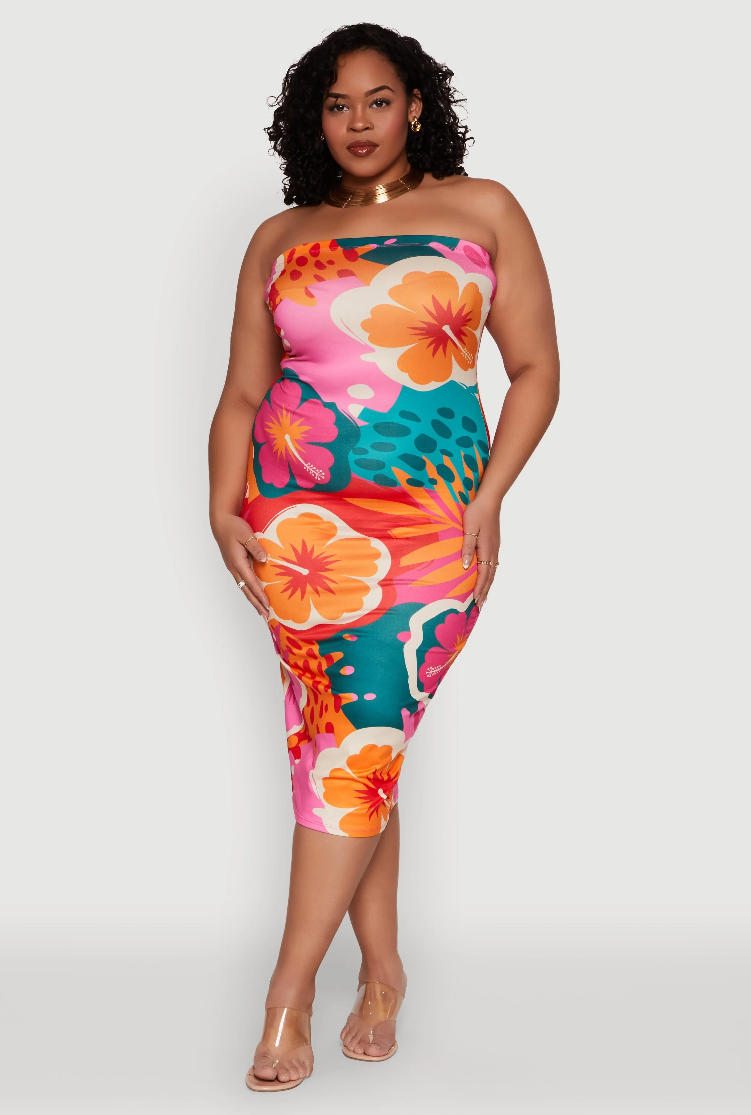 Plus Size Floral Print Tube Midi Dress sold by Rainbow