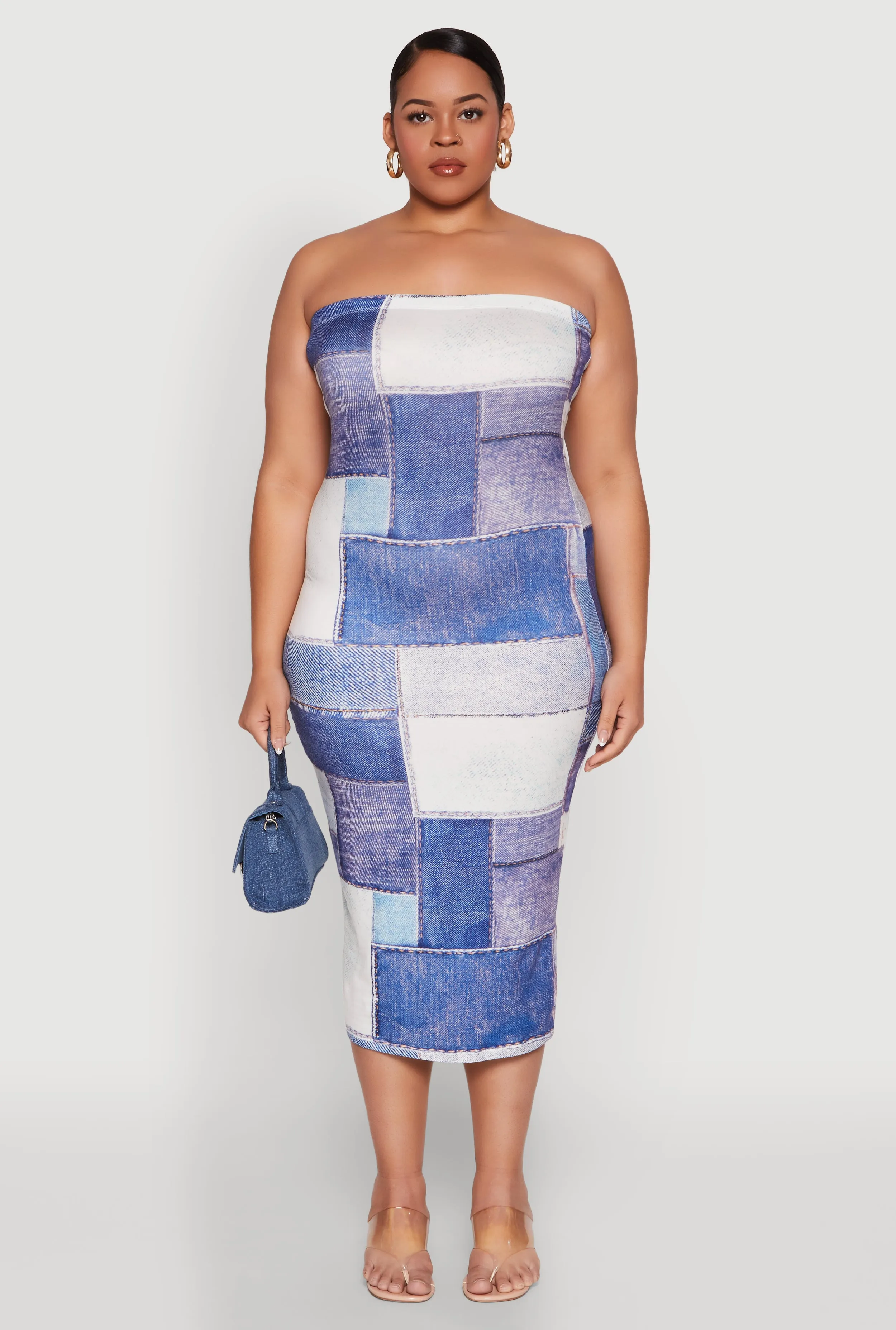 Plus Size Denim Print Tube Midi Dress sold by Rainbow