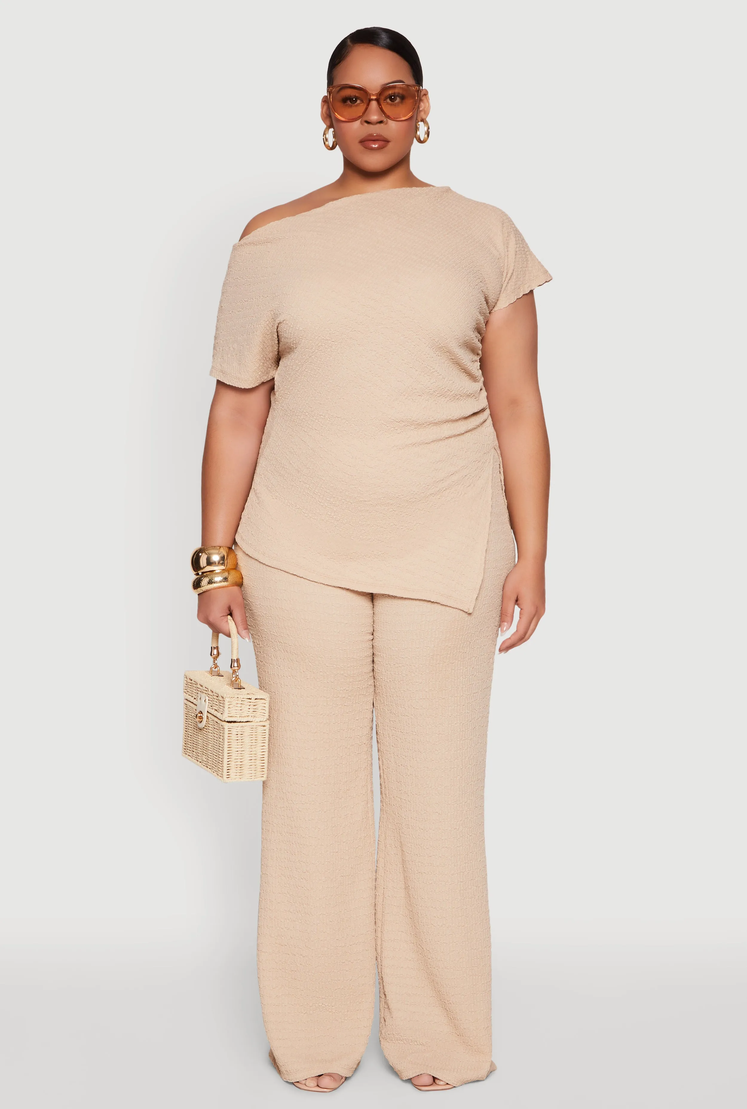 Plus Size High Waisted Textured Knit Pants sold by Rainbow