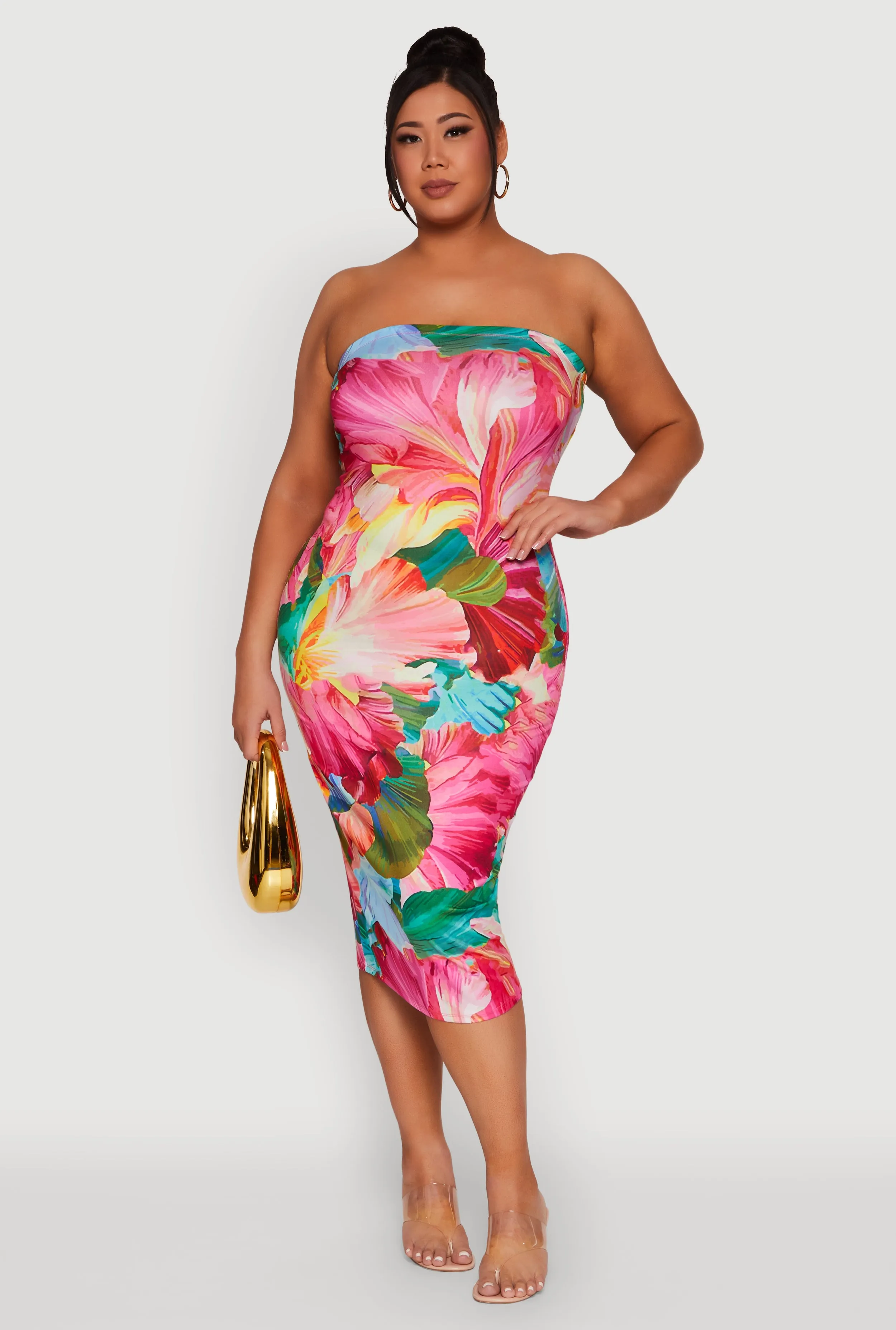 Plus Size Floral Petal Print Tube Midi Dress sold by Rainbow