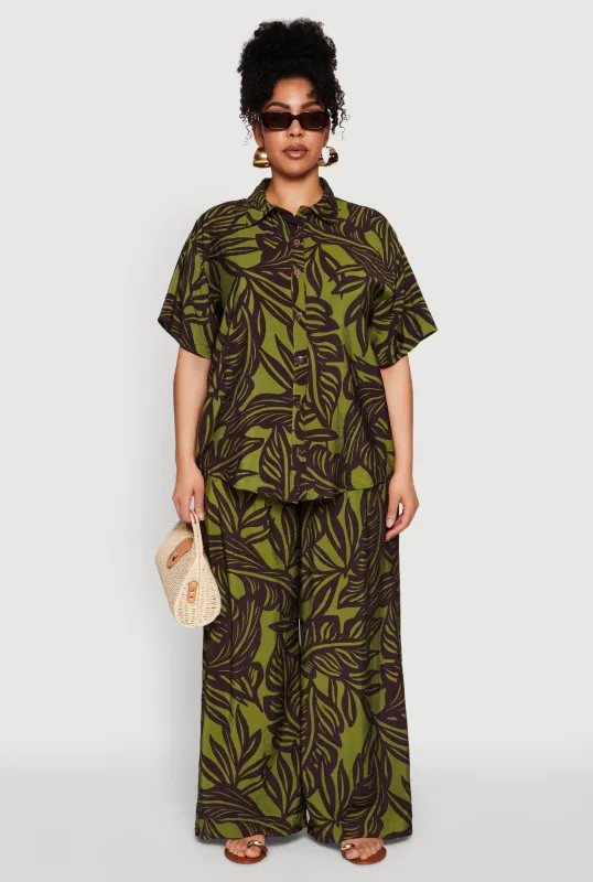 Plus Size Leaf Print Smocked Waist Pants sold by Rainbow