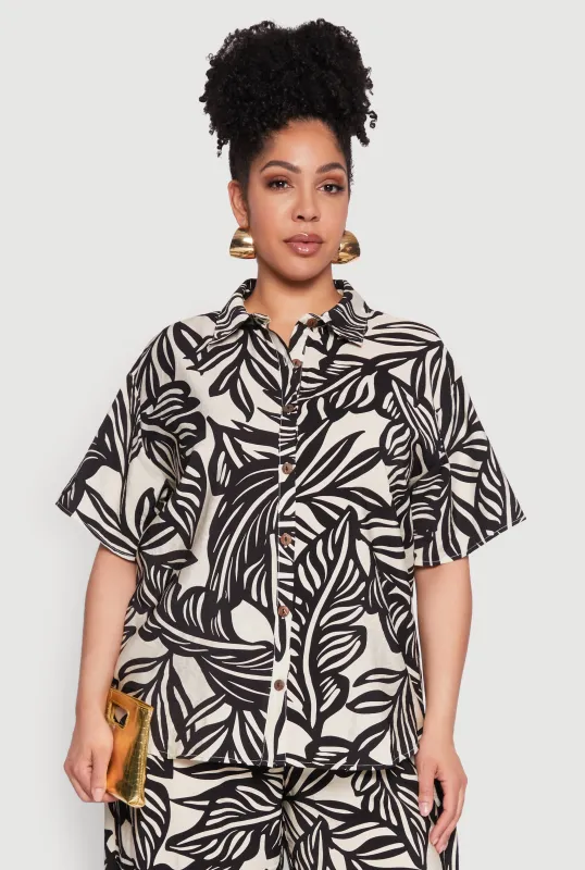 Plus Size Leaf Print Blouse sold by Rainbow