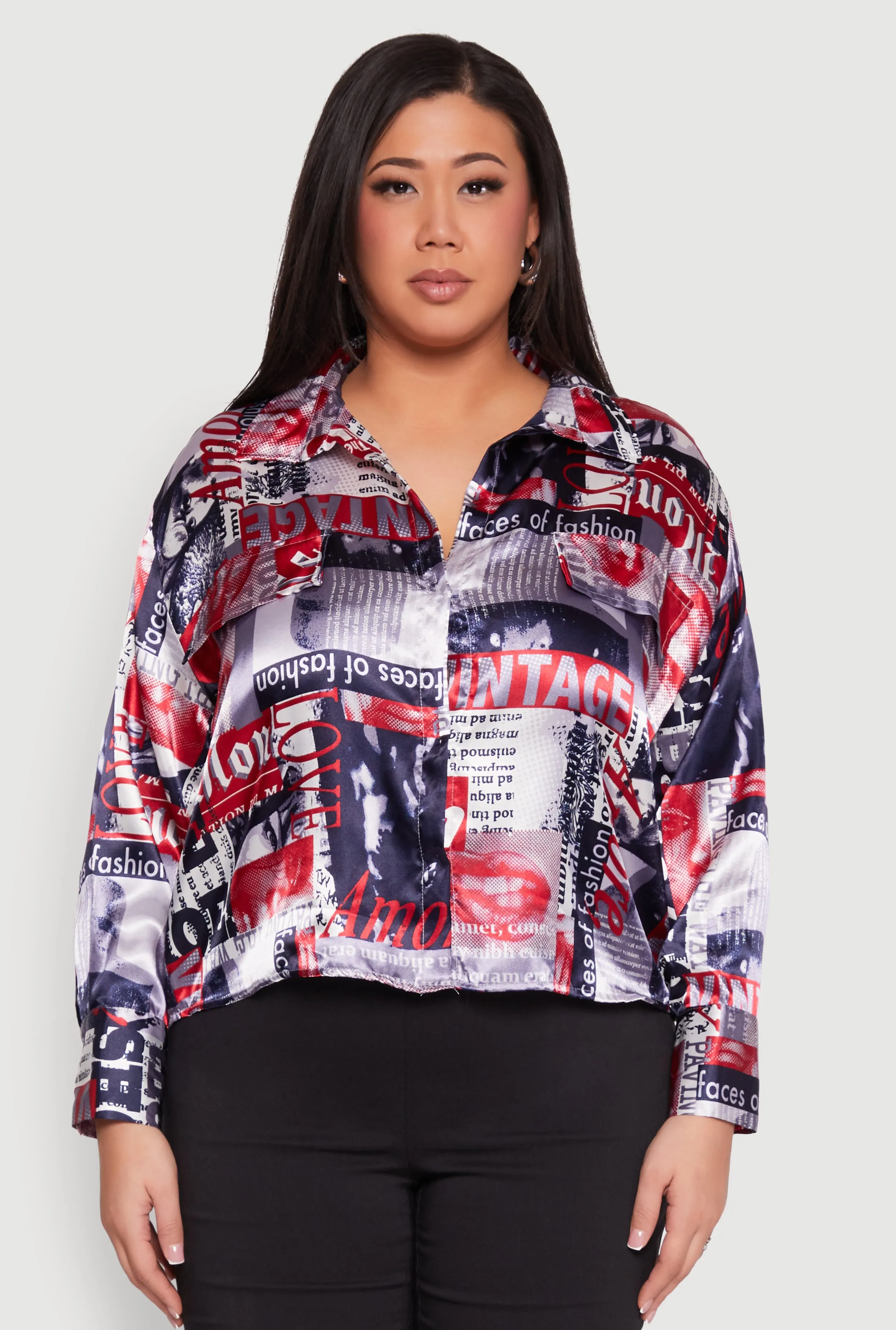 Plus Size Newspaper Print Satin Shirt sold by Rainbow product image thumbnail 2