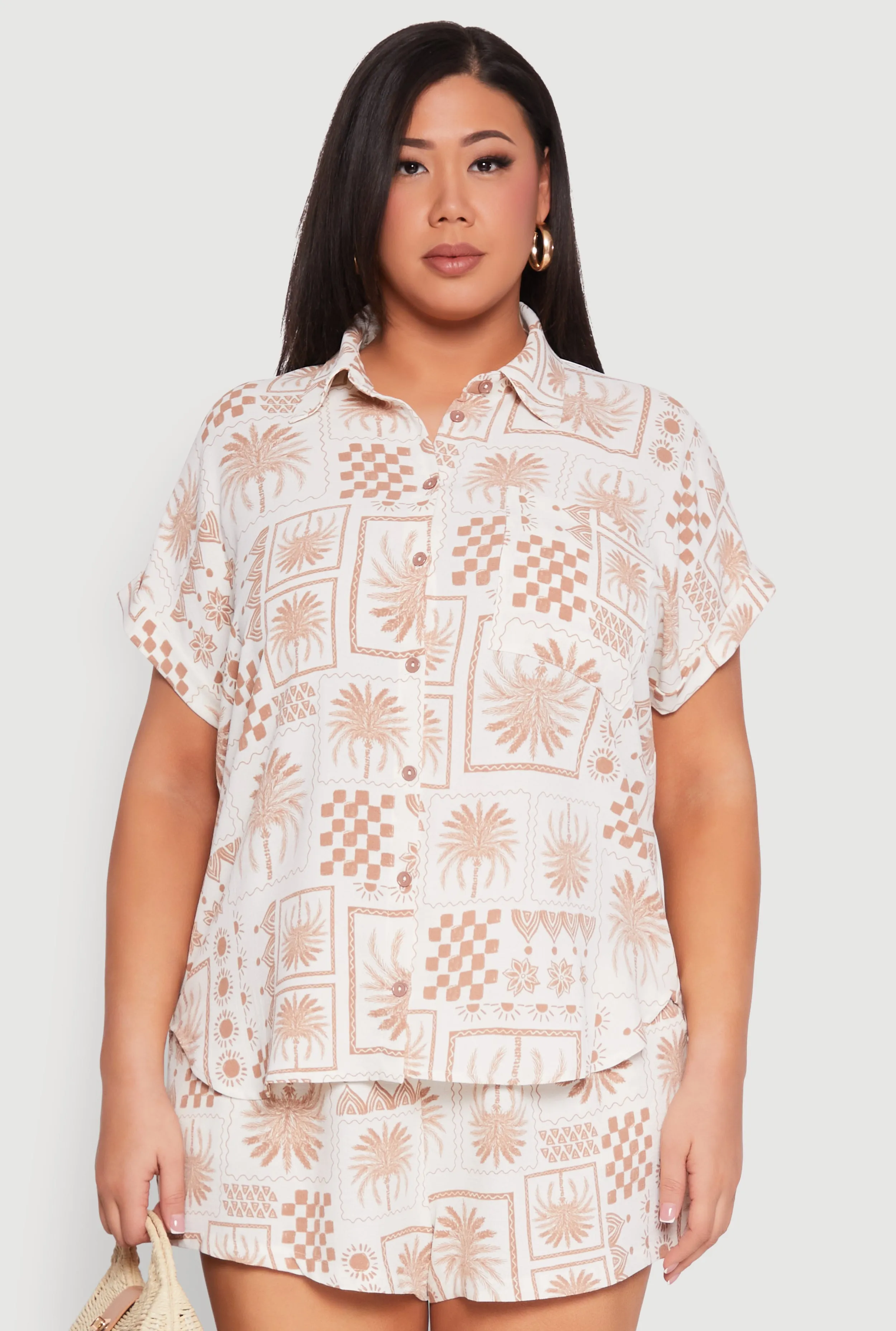 Plus Size Checkered Palm Print Shirt sold by Rainbow