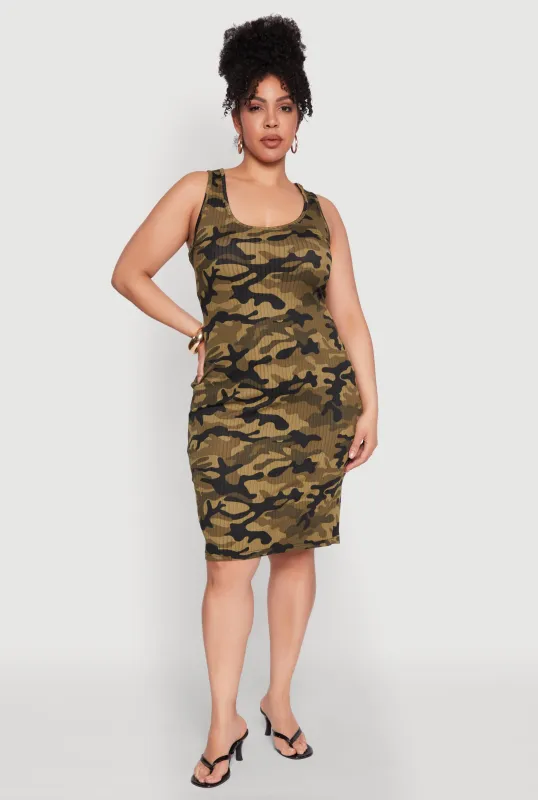Plus Size Ribbed Knit Camo Tank Dress made by Rainbow