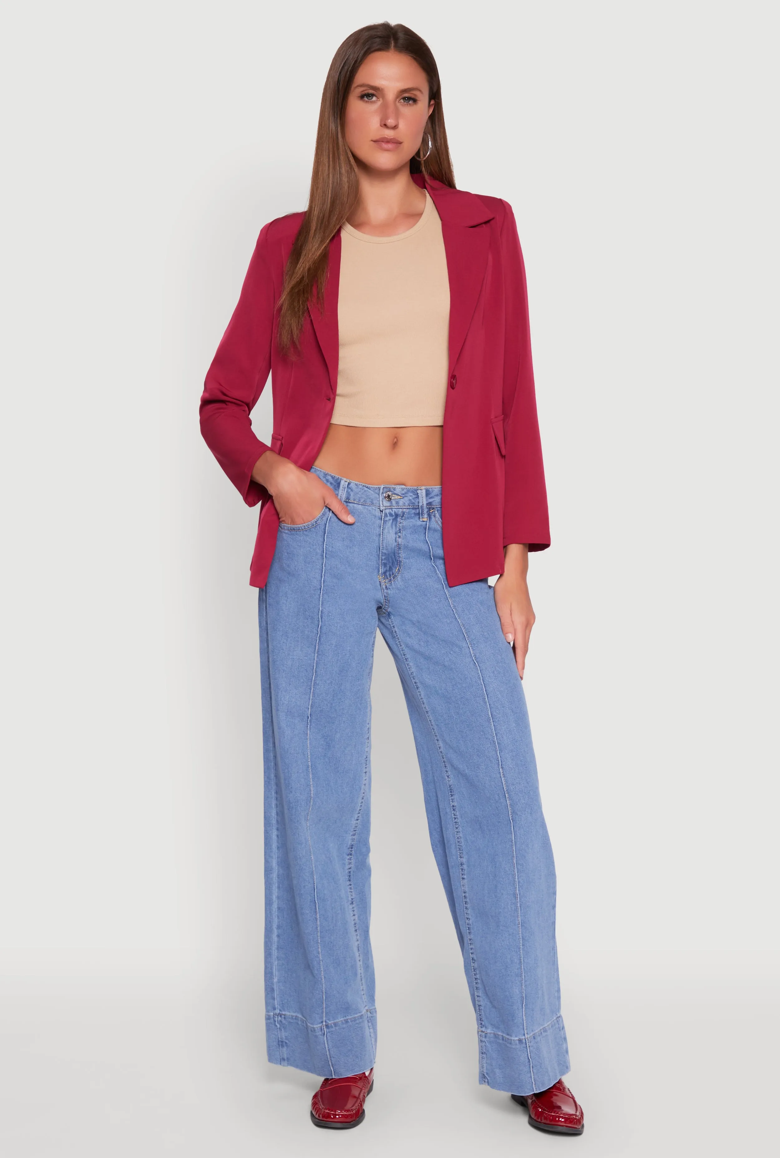 Padded Shoulder One Button Blazer sold by Rainbow